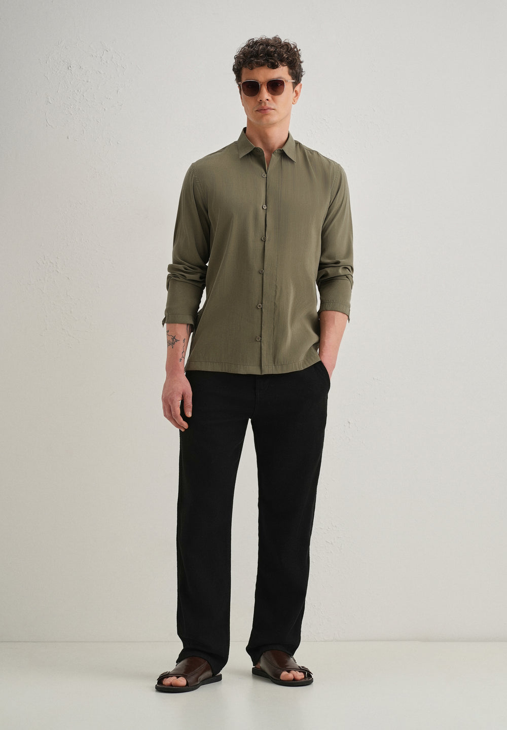Olive Green Loop Button-Down Plain Shirt