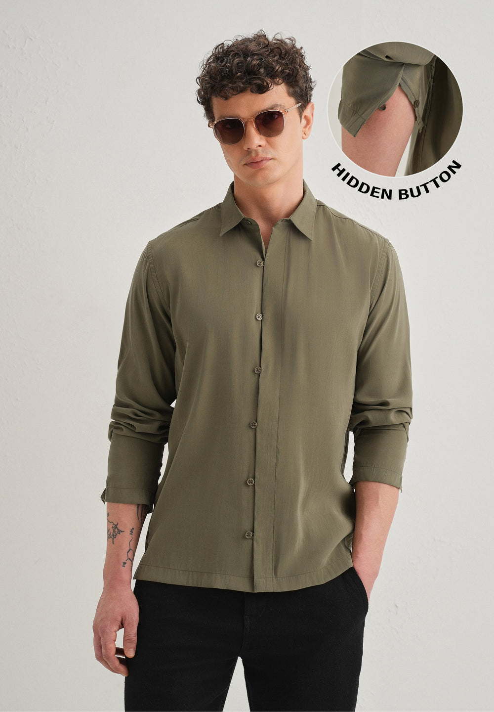 Olive Green Loop Button-Down Plain Shirt