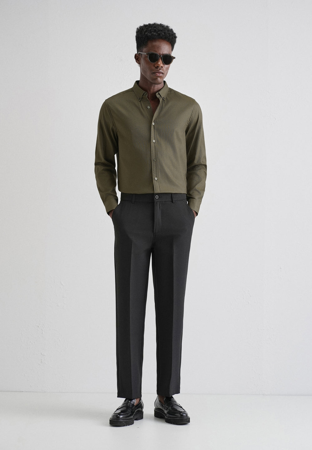 Olive Green Plain Blended Cotton Regular Fit Shirt