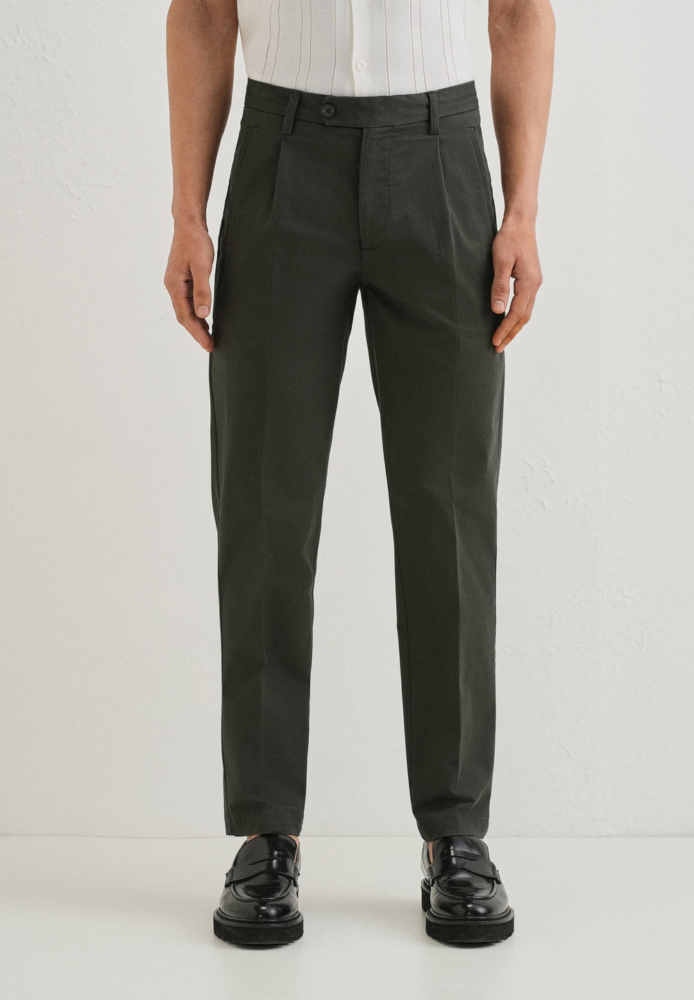 Olive Green Plain Pleated Chinos