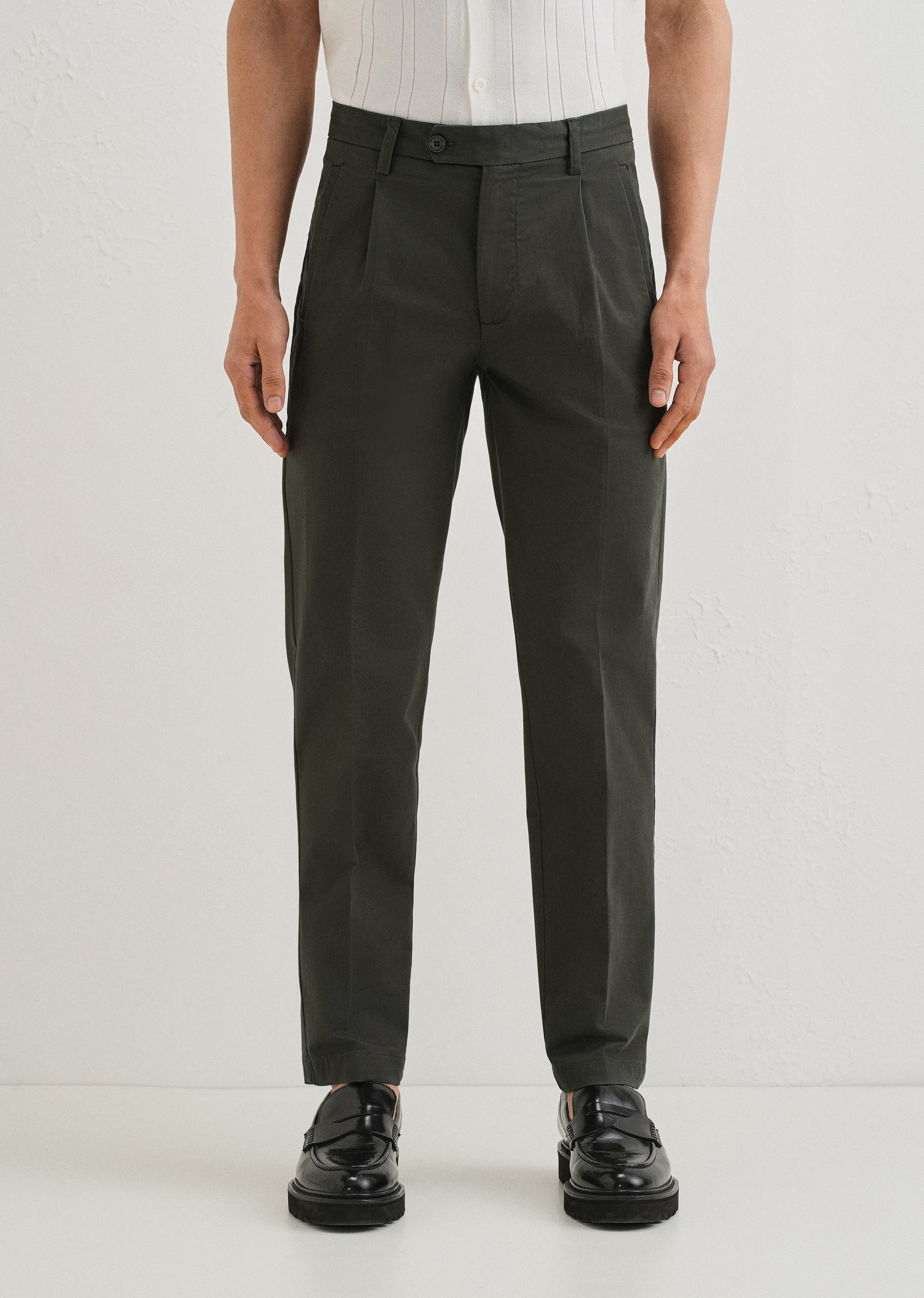 Olive Green Plain Pleated Chinos