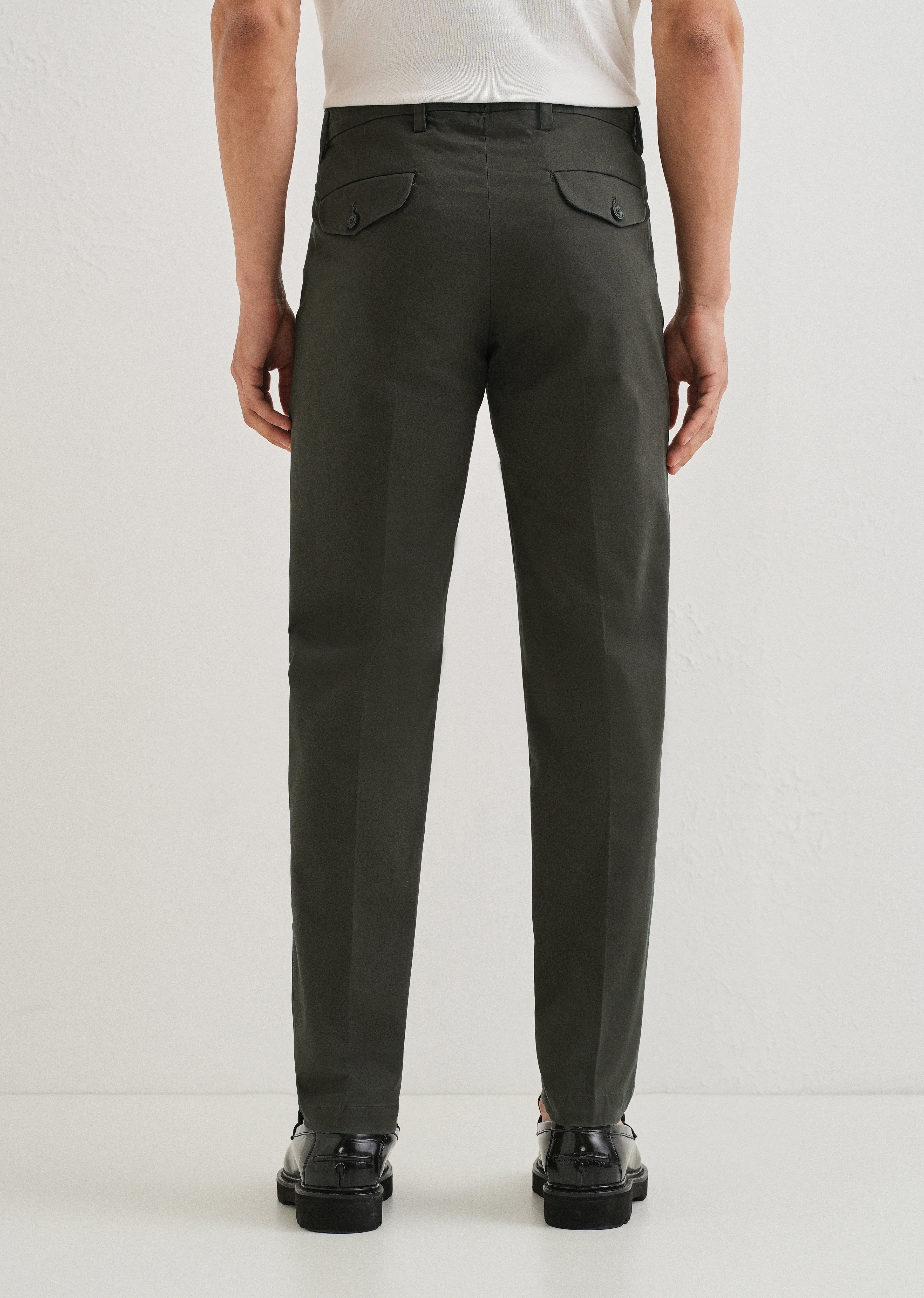 Olive Green Plain Pleated Chinos