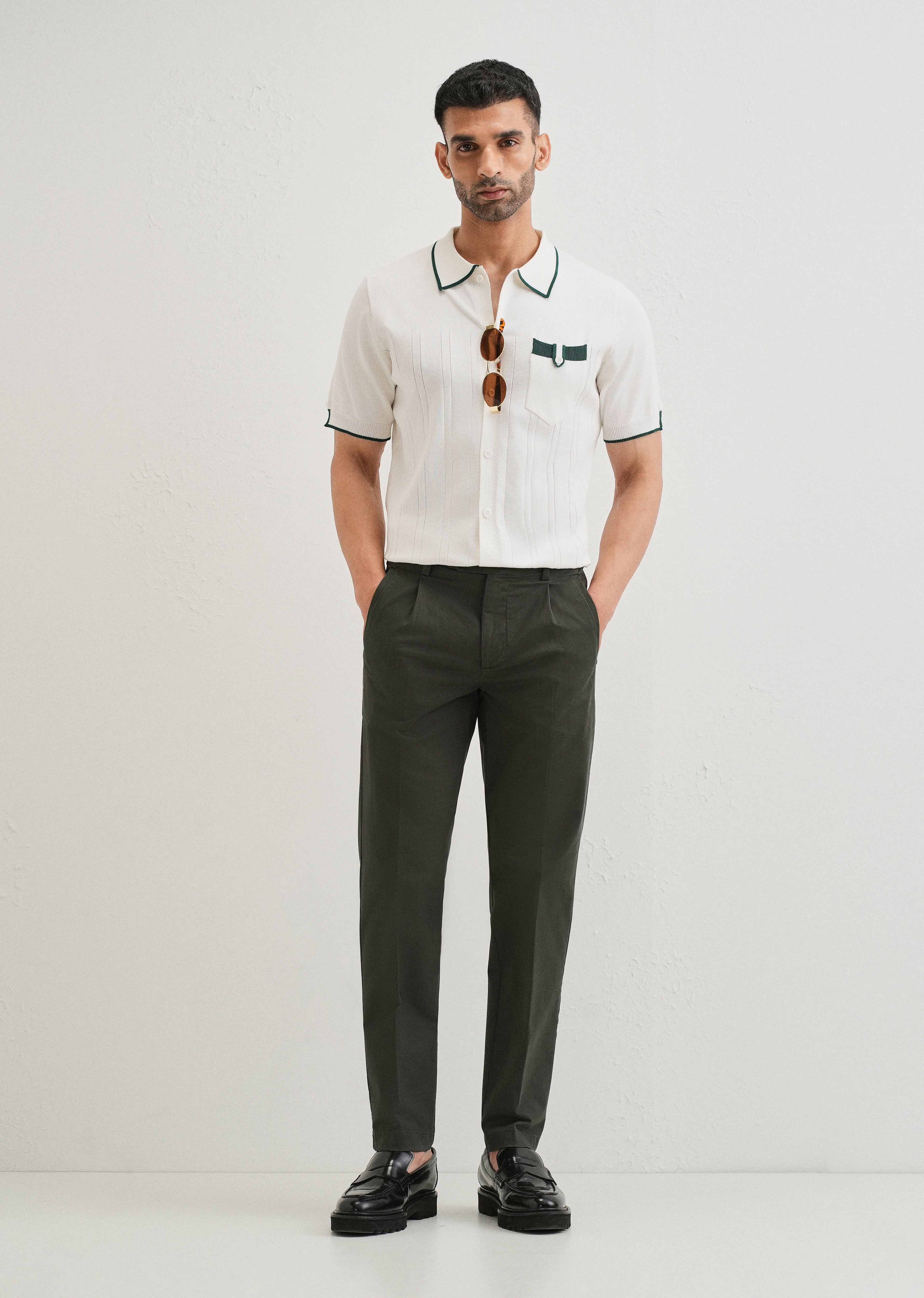 Olive Green Plain Pleated Chinos