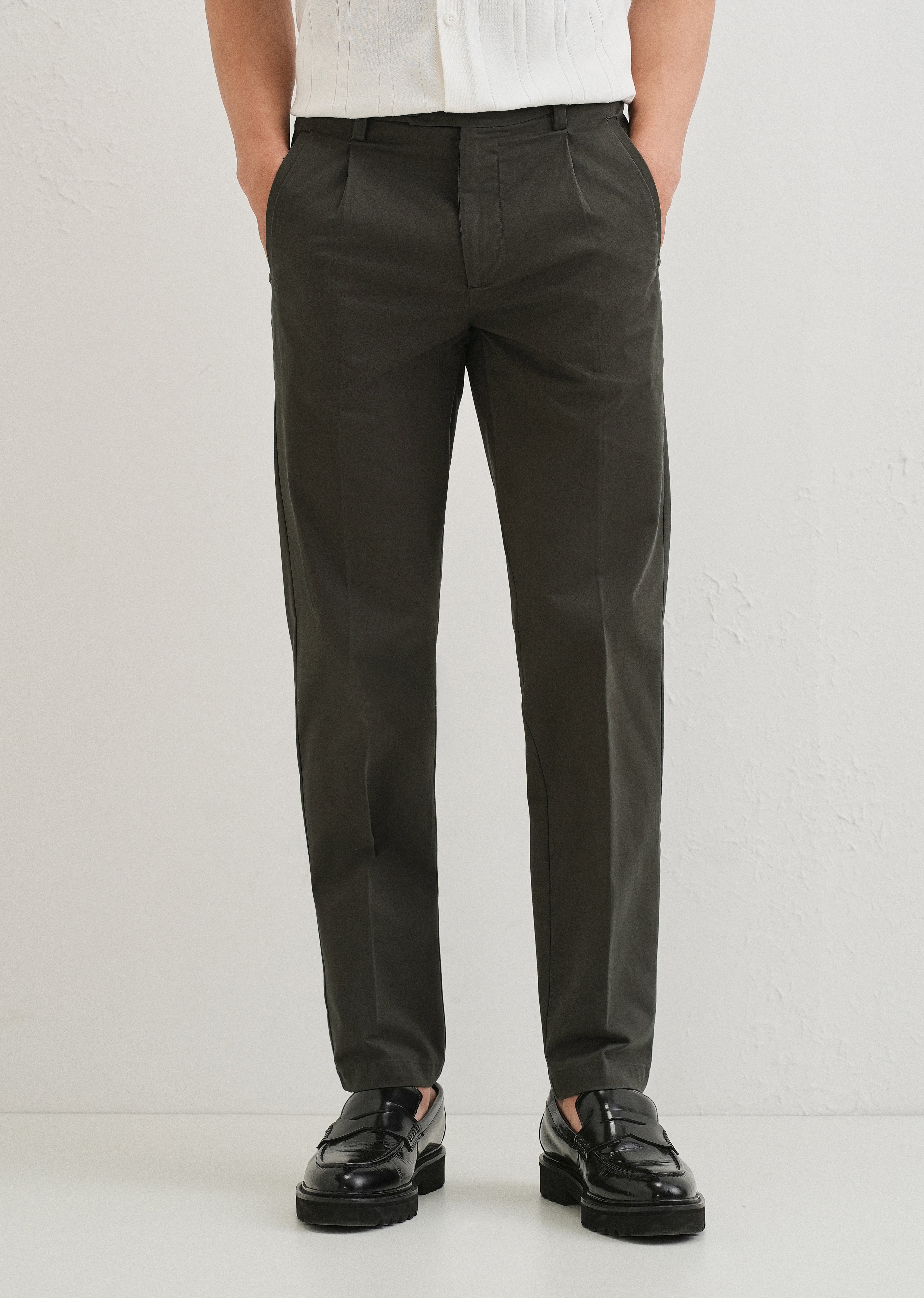 Olive Green Plain Pleated Chinos