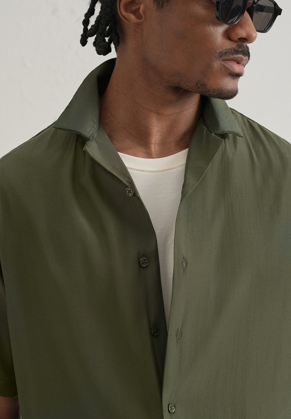 Olive Green Plain Sheen Cuban Collar Shirt