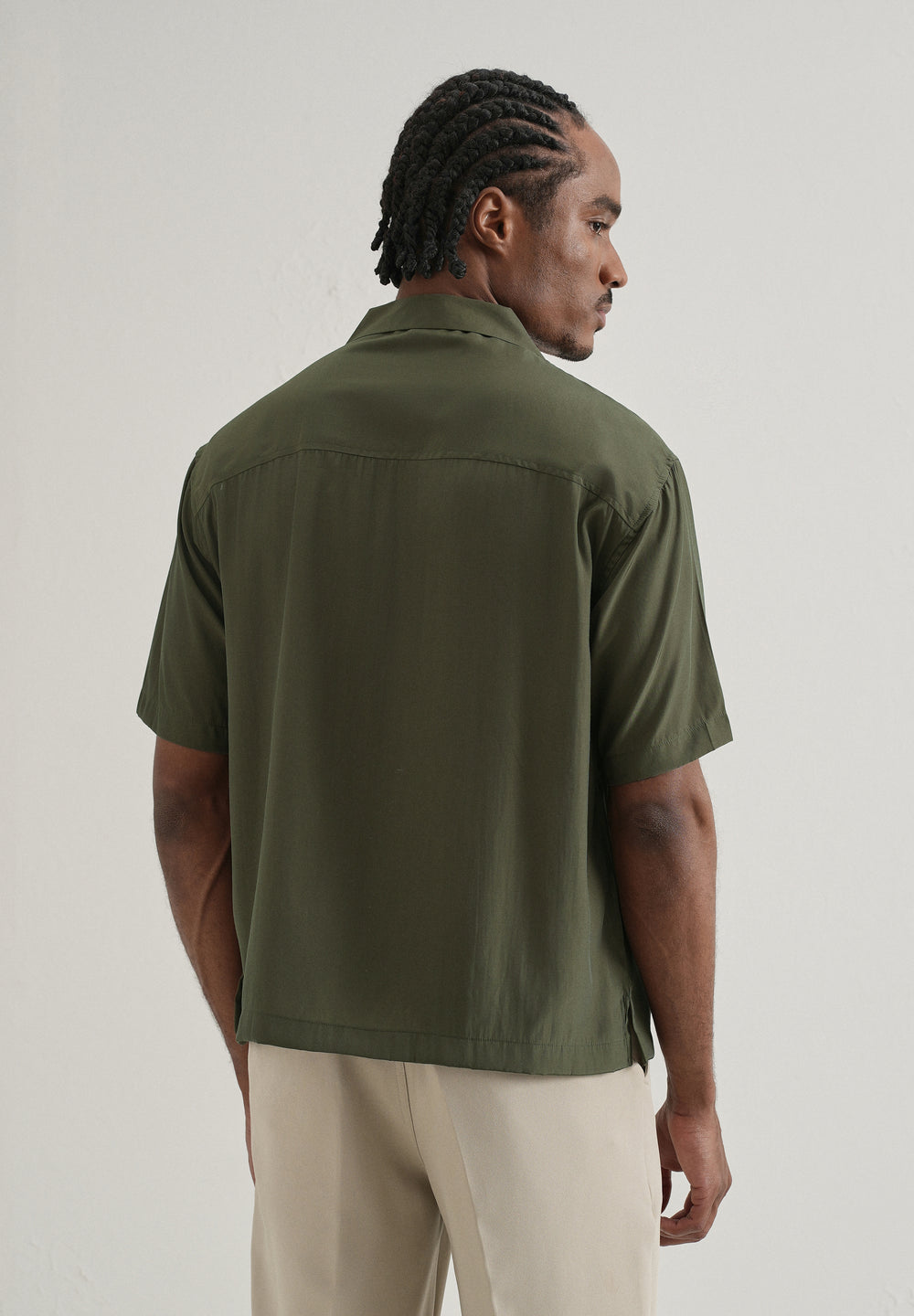 Olive Green Plain Sheen Cuban Collar Shirt