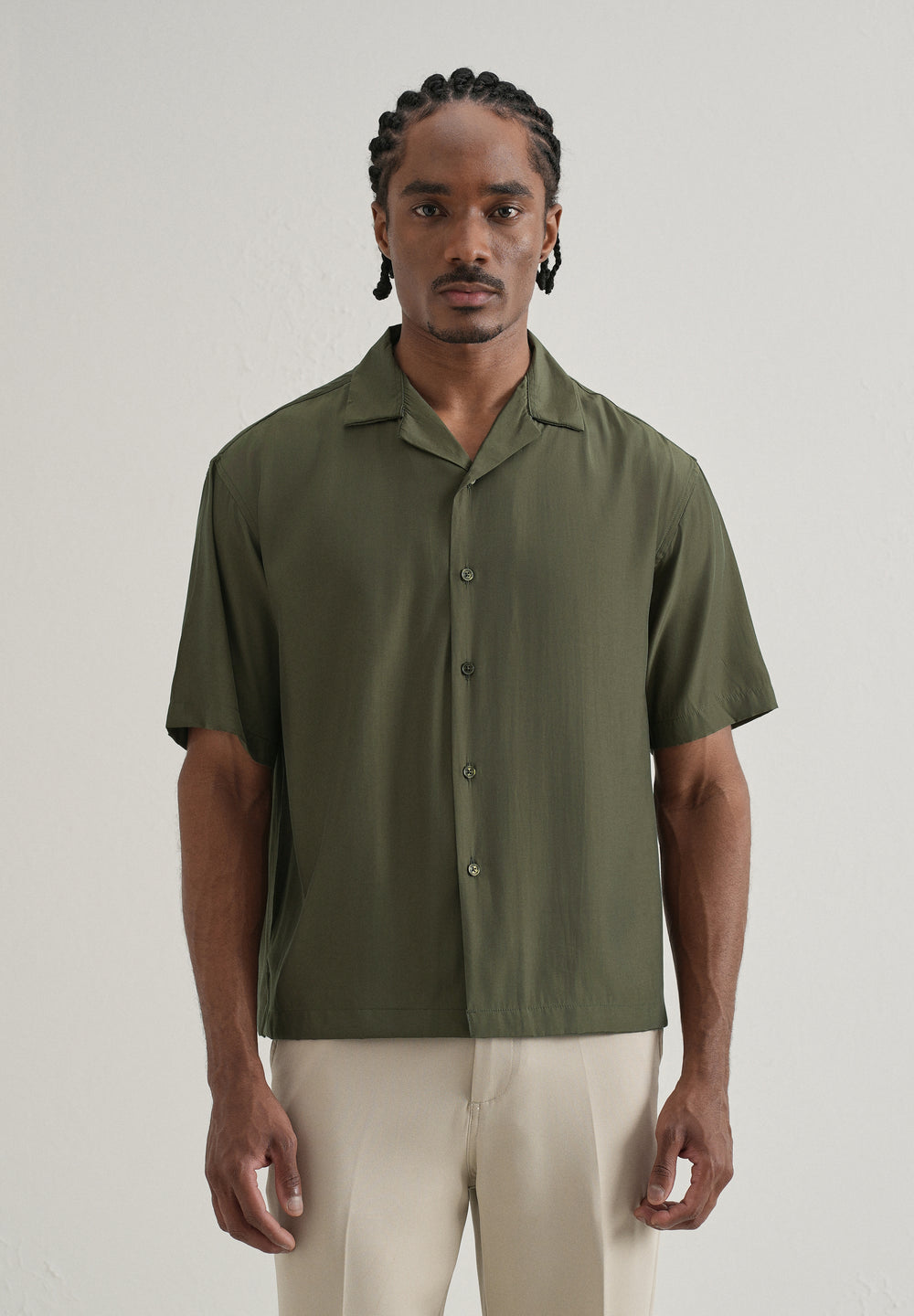Olive Green Plain Sheen Cuban Collar Shirt
