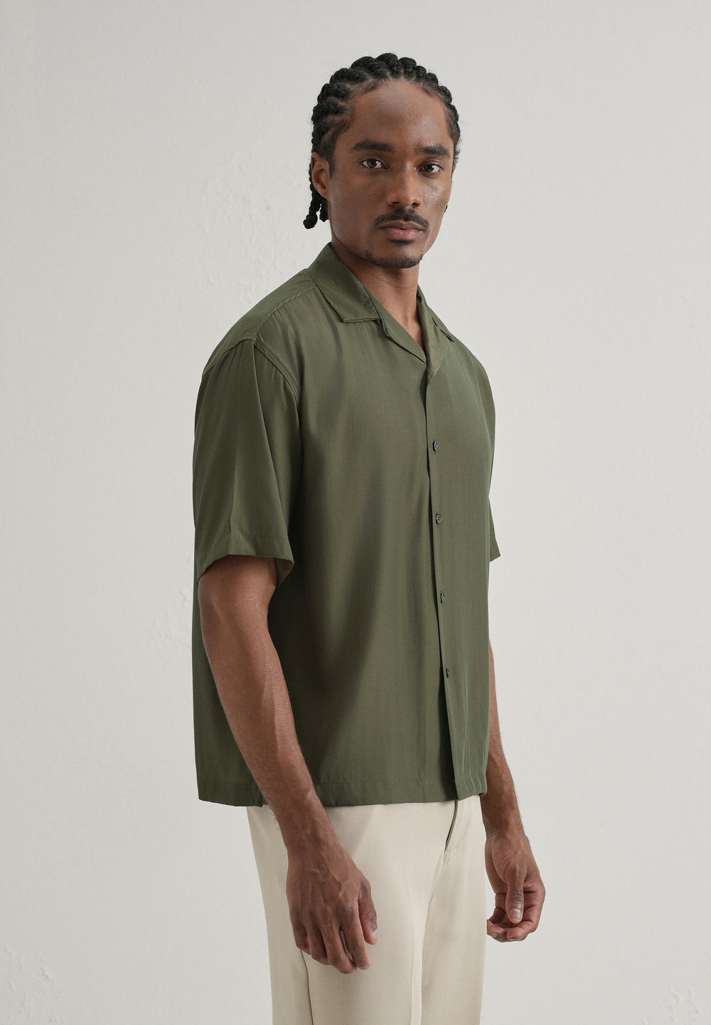 Olive Green Plain Sheen Cuban Collar Shirt