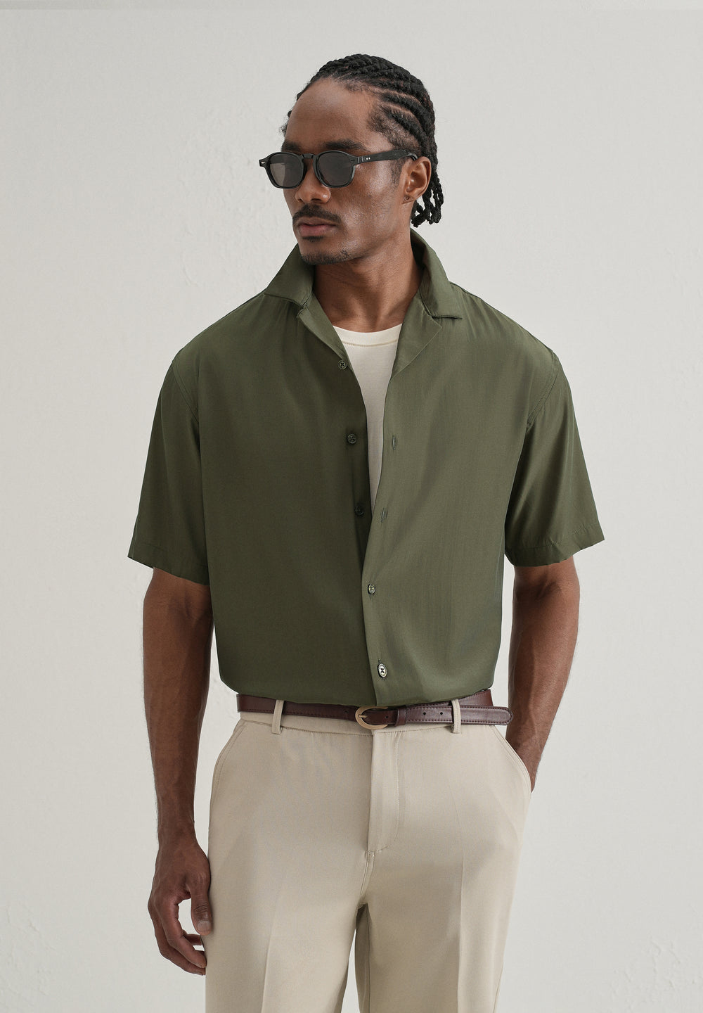 Olive Green Plain Sheen Cuban Collar Shirt