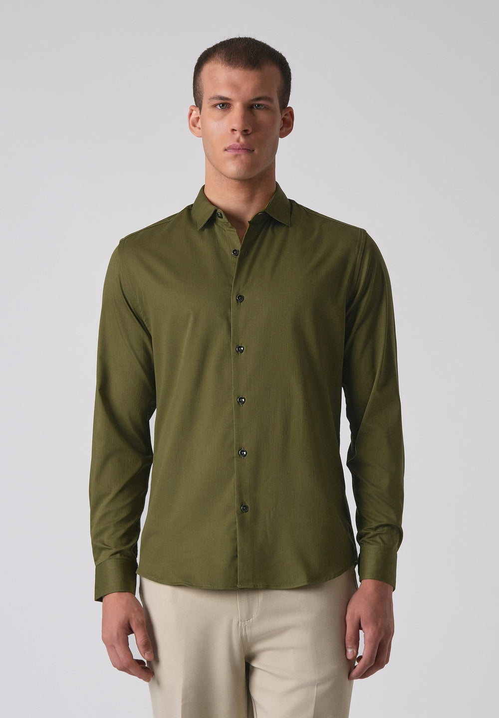 Olive Green Cotton Stretch Plain Shirt