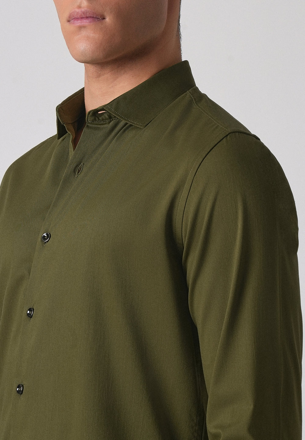 Olive Green Cotton Stretch Plain Shirt