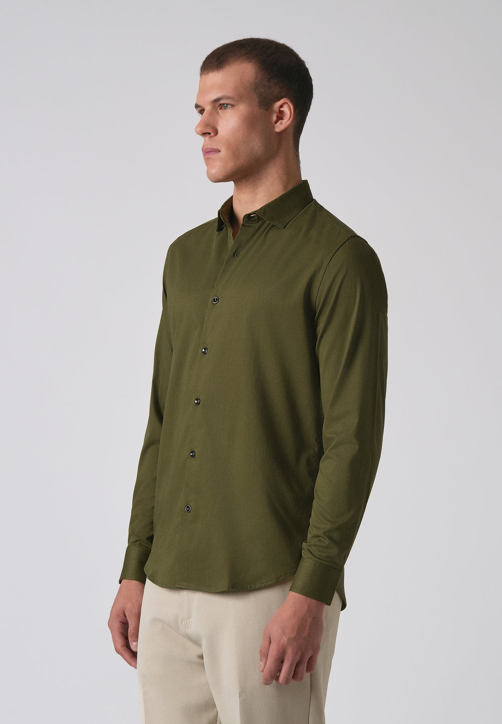 Olive Green Cotton Stretch Plain Shirt