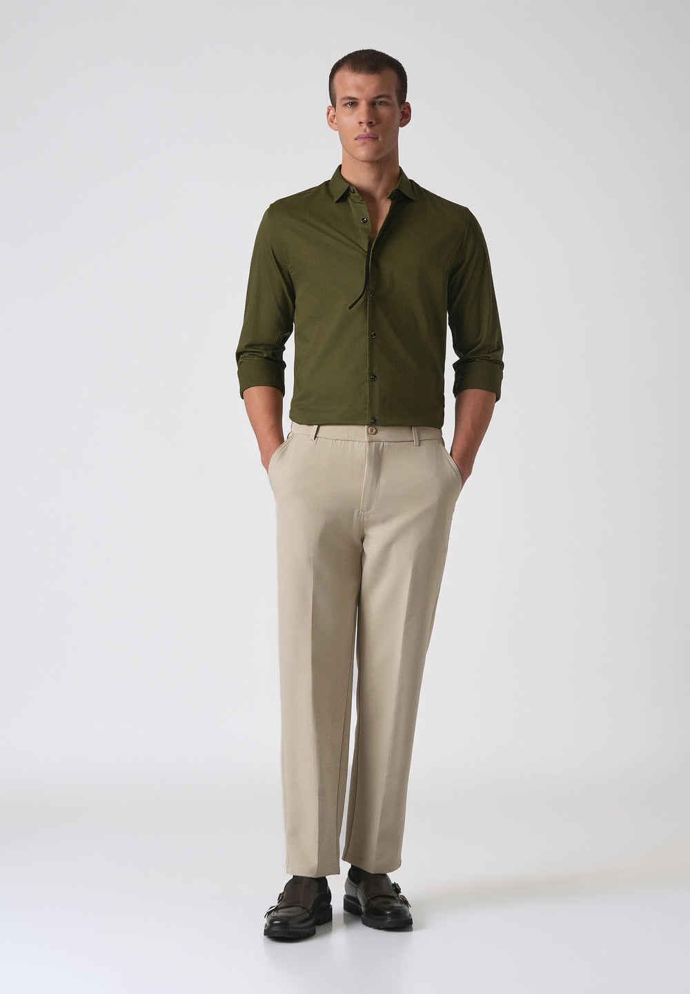 Olive Green Cotton Stretch Plain Shirt
