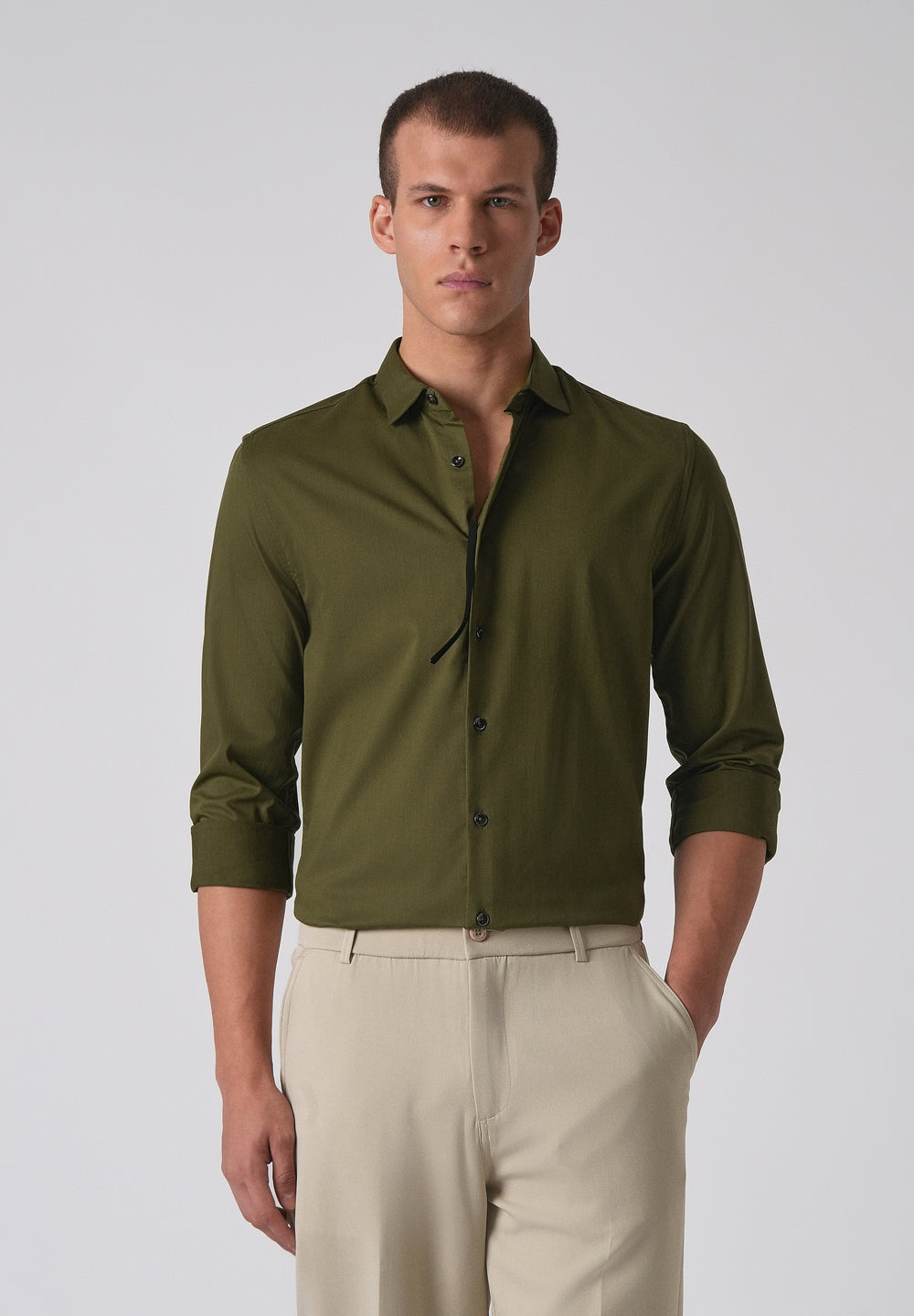 Olive Green Cotton Stretch Plain Shirt