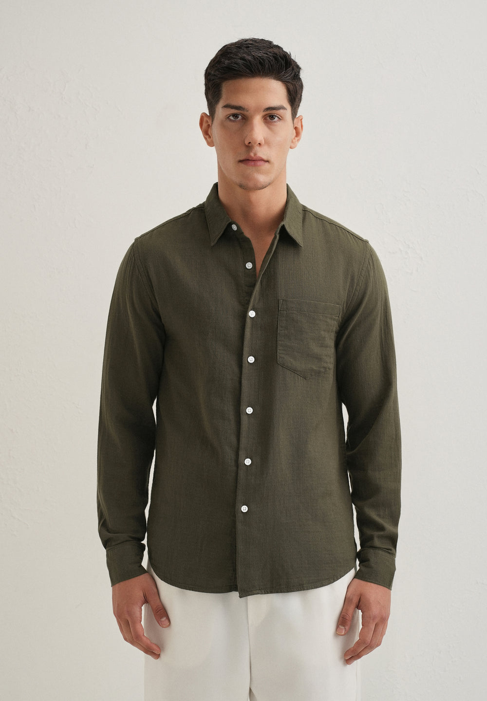 Olive Green Pure Cotton Stitchless Placket Shirt
