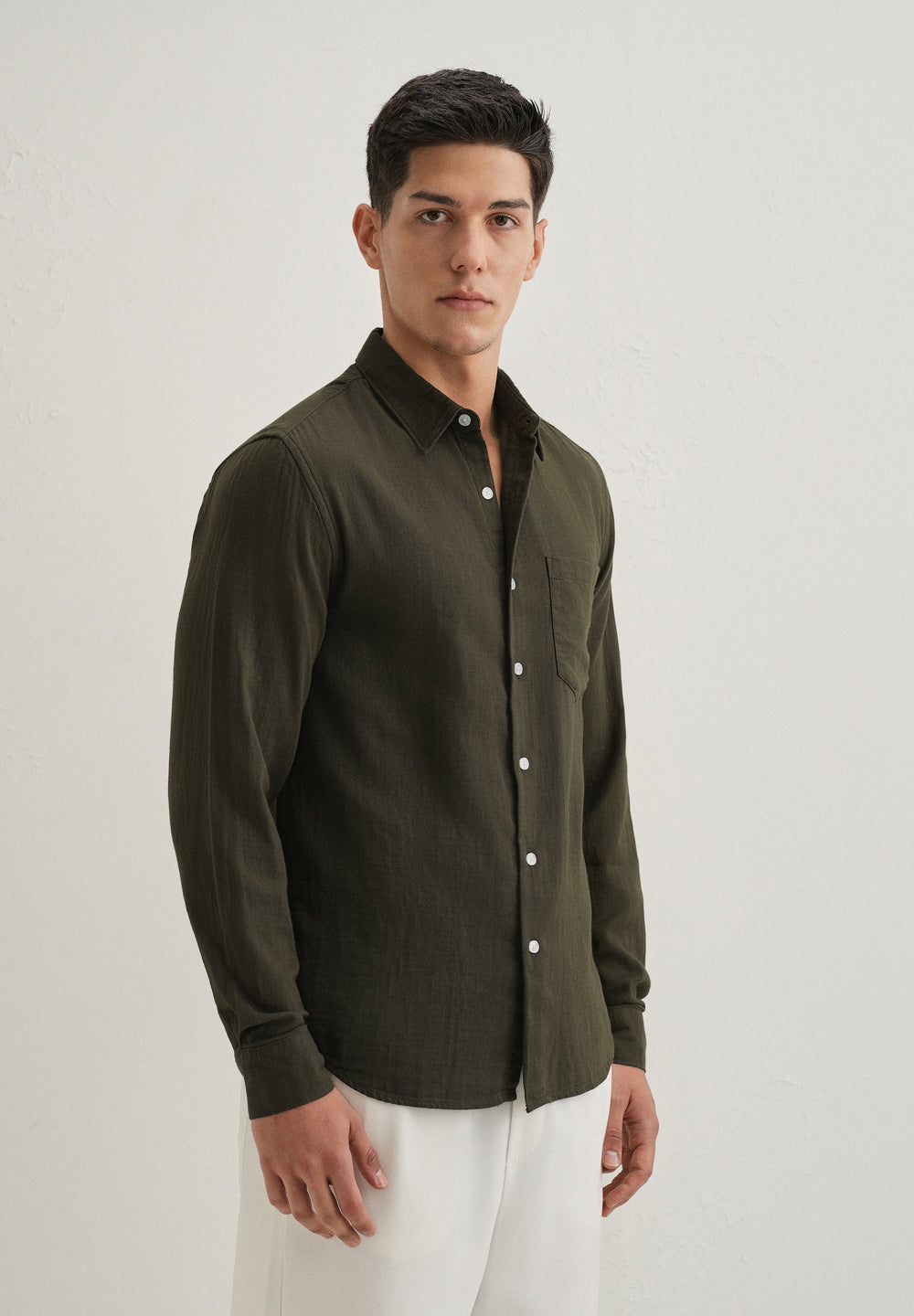 Olive Green Pure Cotton Stitchless Placket Shirt