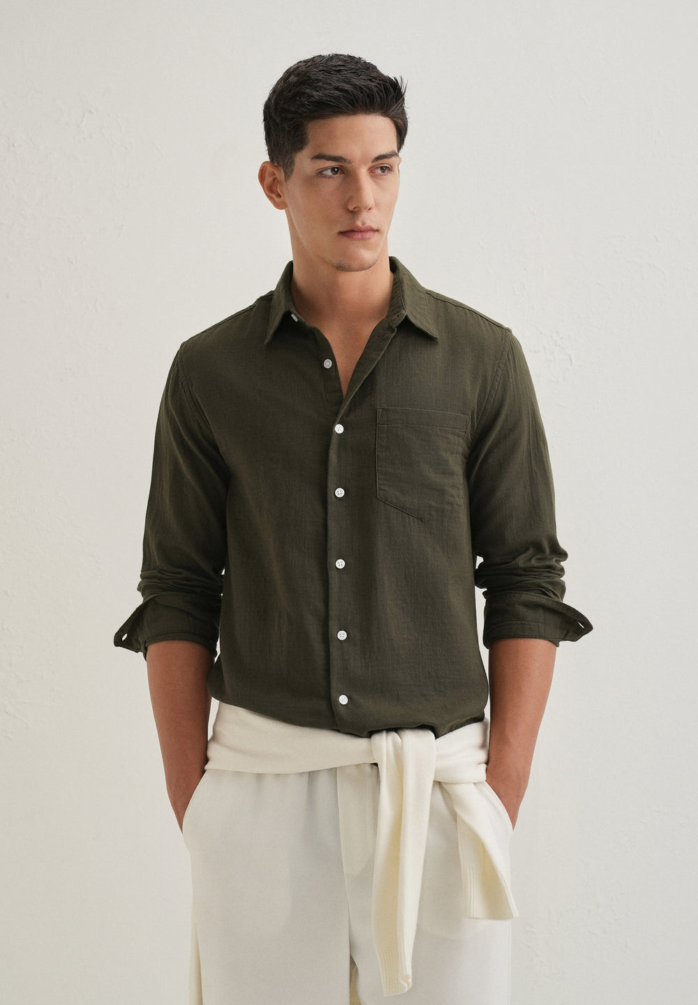 Olive Green Pure Cotton Stitchless Placket Shirt