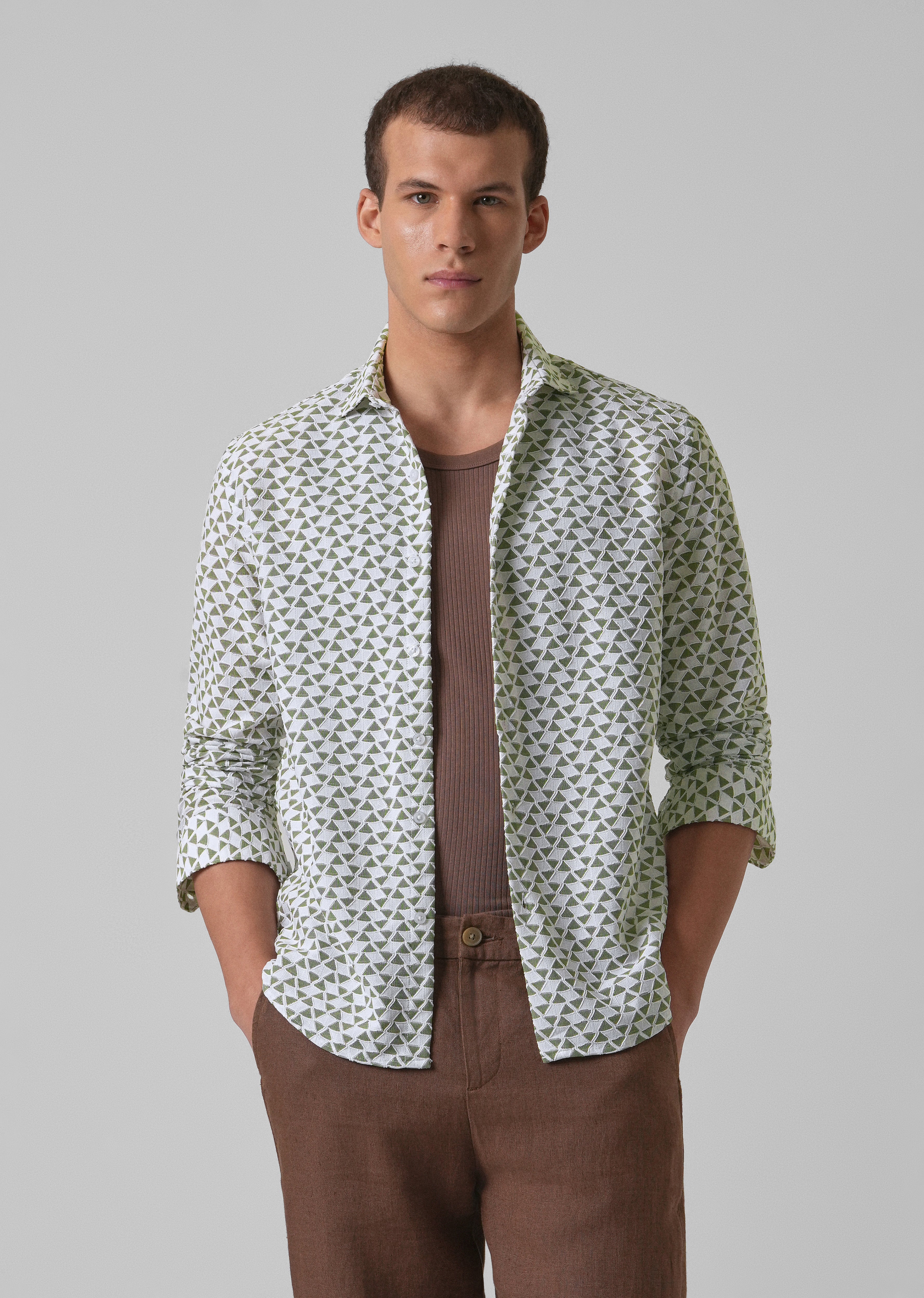 Olive Green Self Pattern Shirt