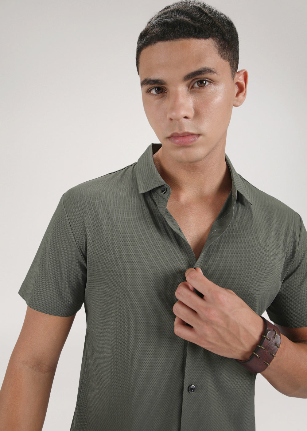 Olive Green Self Patterned Stitchless Shirt