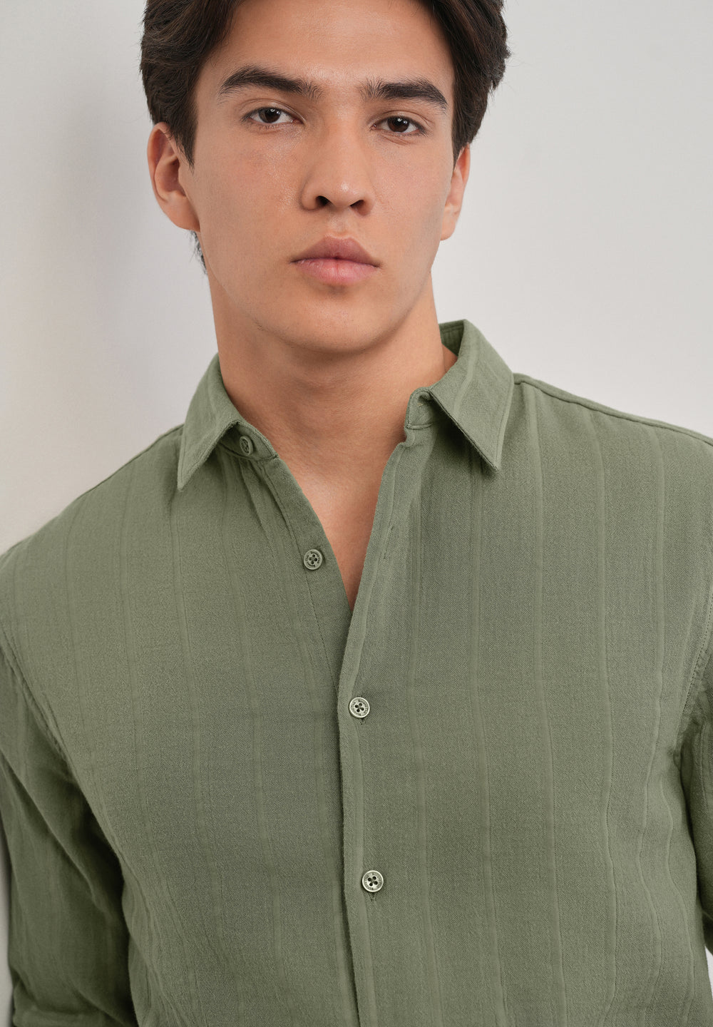 Olive Green Self Striped Cotton Shirt