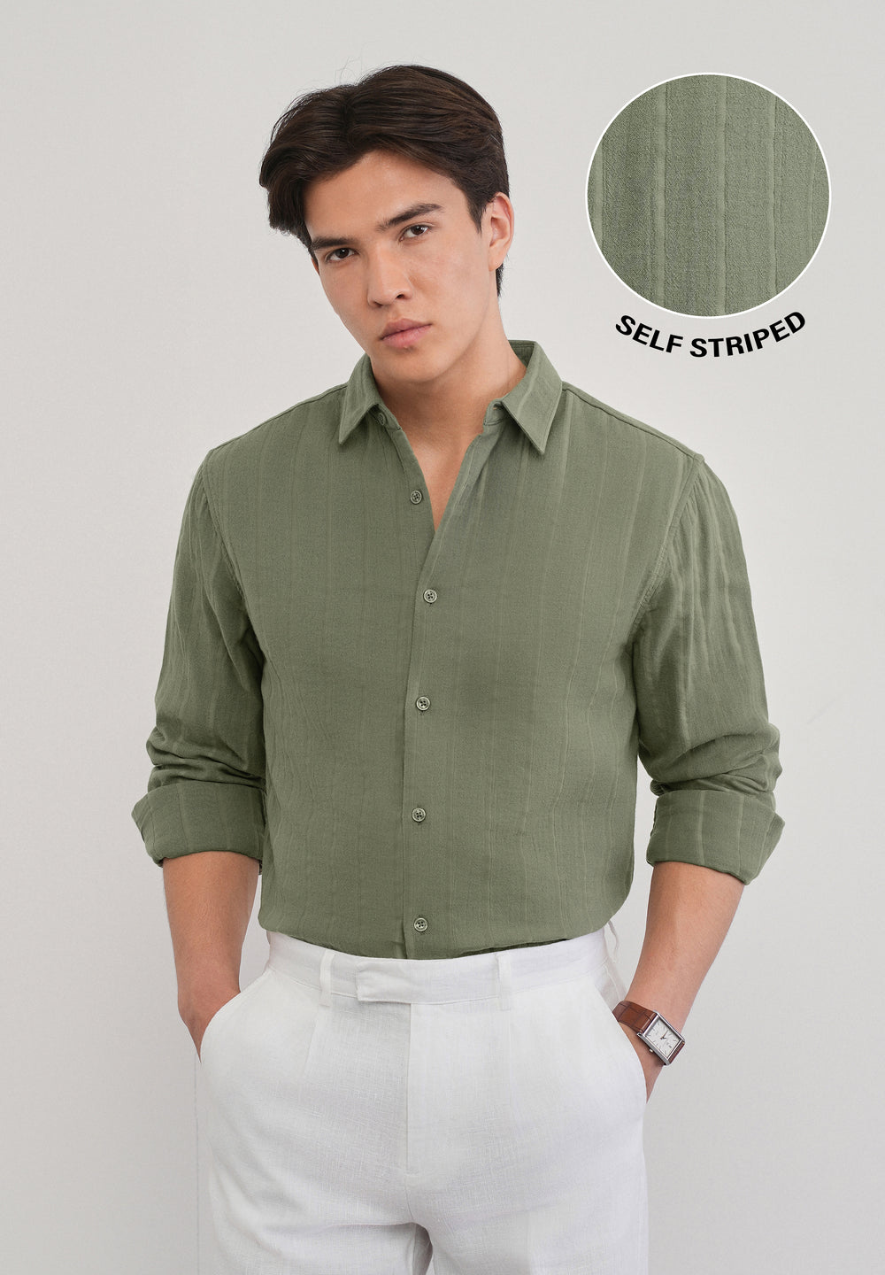 Olive Green Self Striped Cotton Shirt
