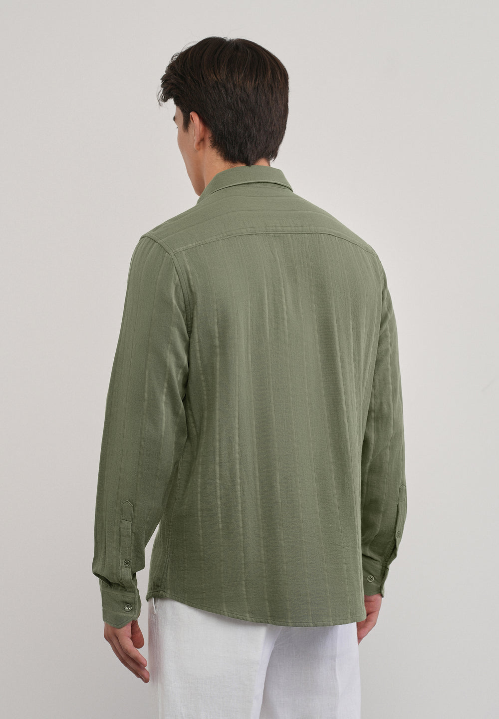 Olive Green Self Striped Cotton Shirt