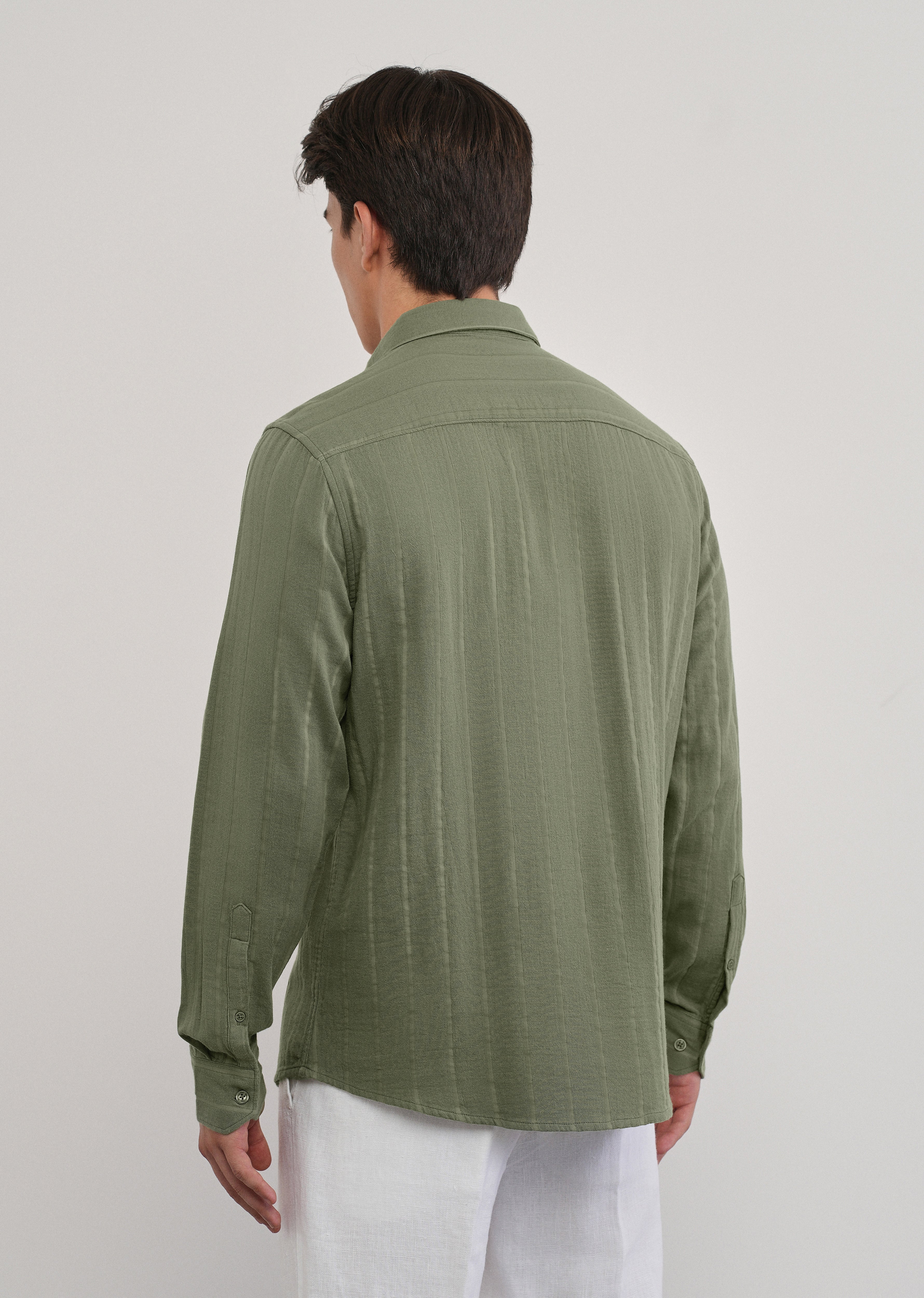 Olive Green Self Striped Cotton Shirt