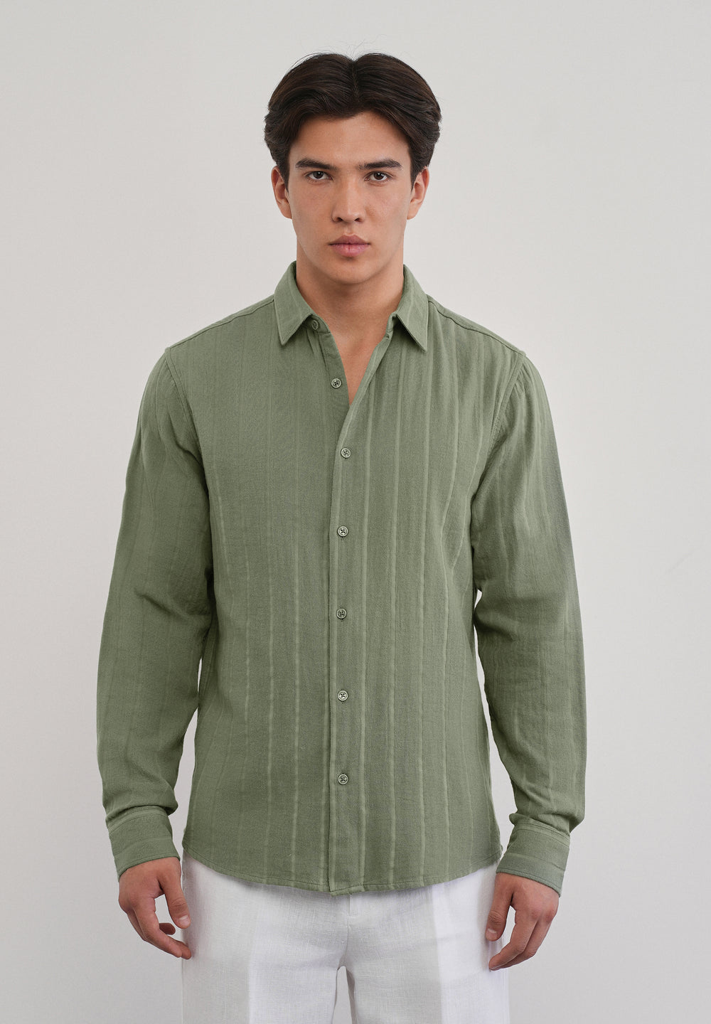 Olive Green Self Striped Cotton Shirt