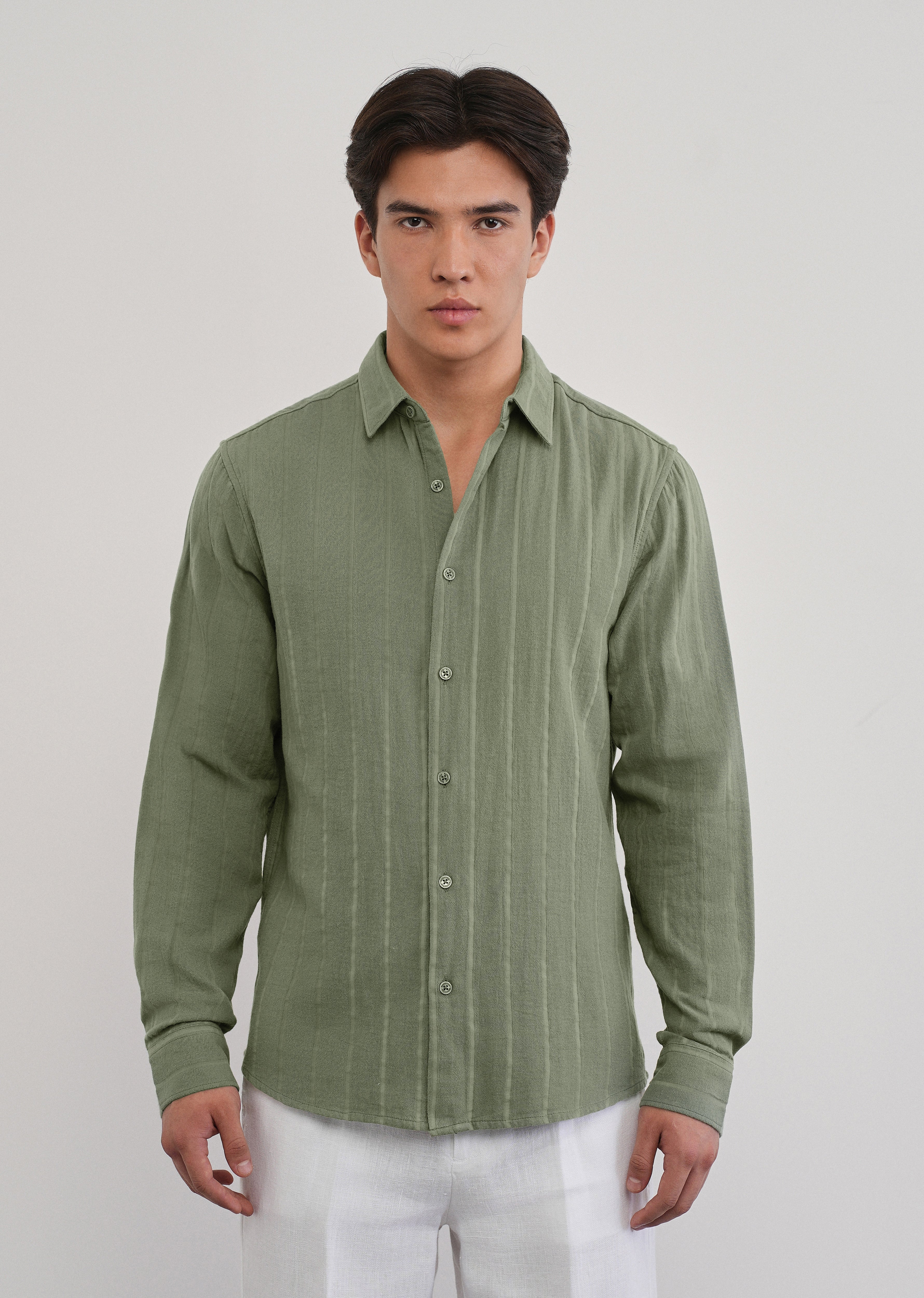Olive Green Self Striped Cotton Shirt