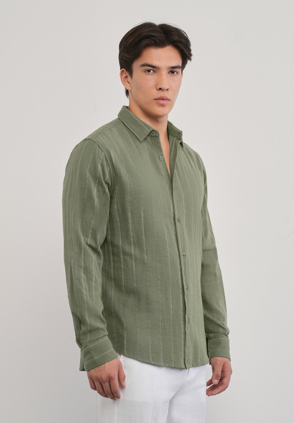 Olive Green Self Striped Cotton Shirt