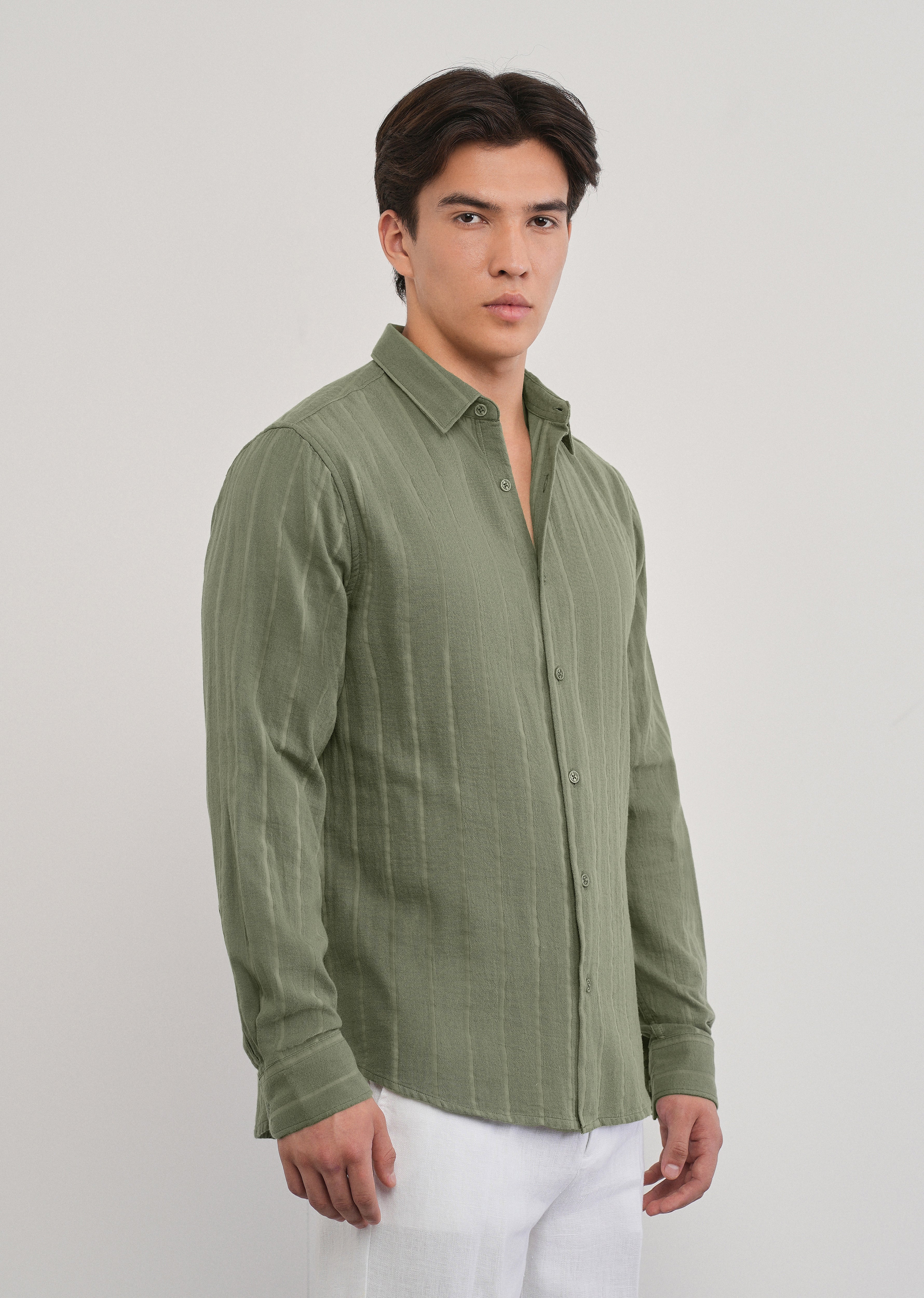 Olive Green Self Striped Cotton Shirt