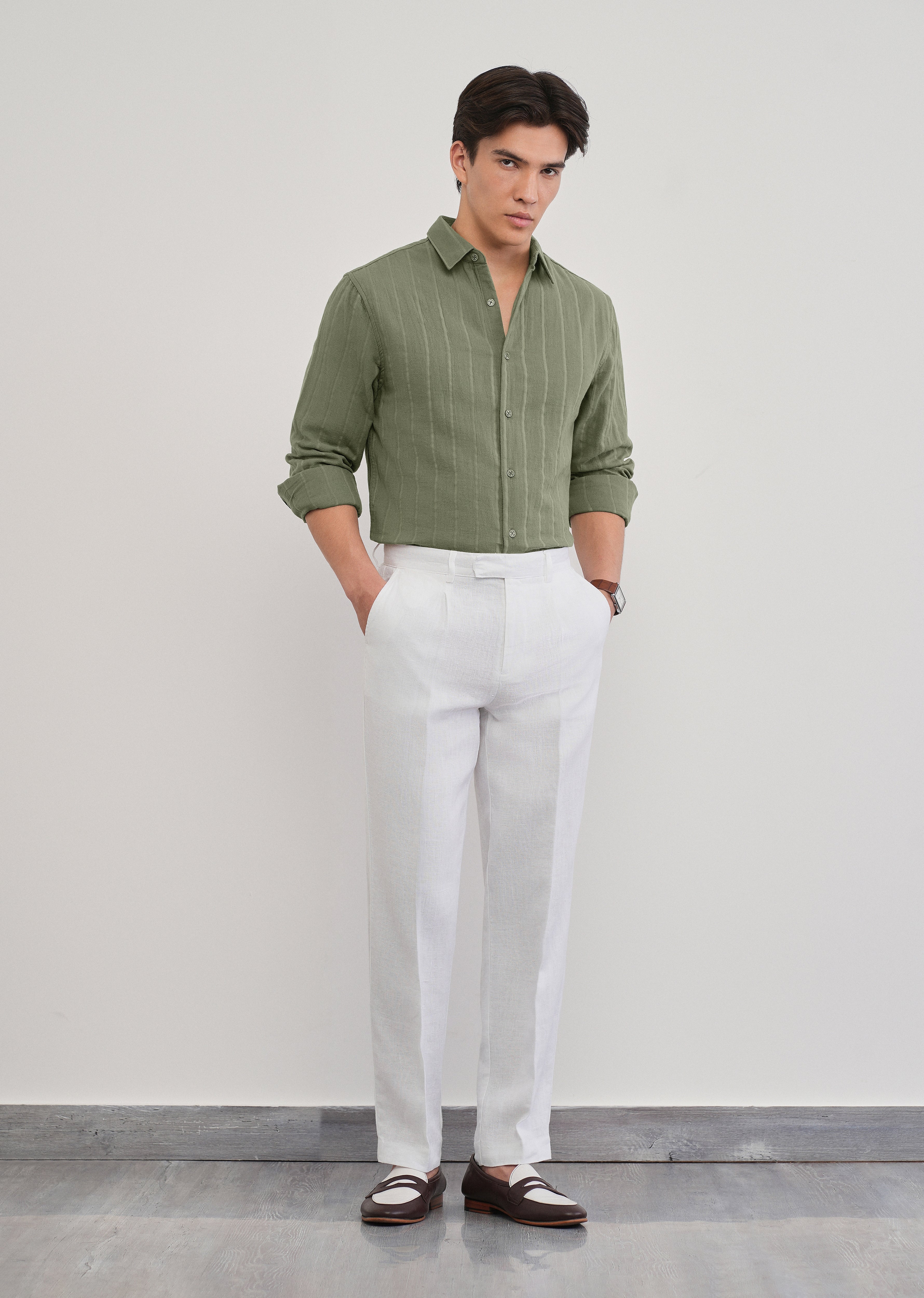 Olive Green Self Striped Cotton Shirt