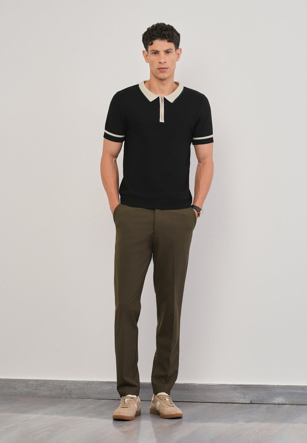 Olive Green Semi-Elastic Slim Fit Trouser
