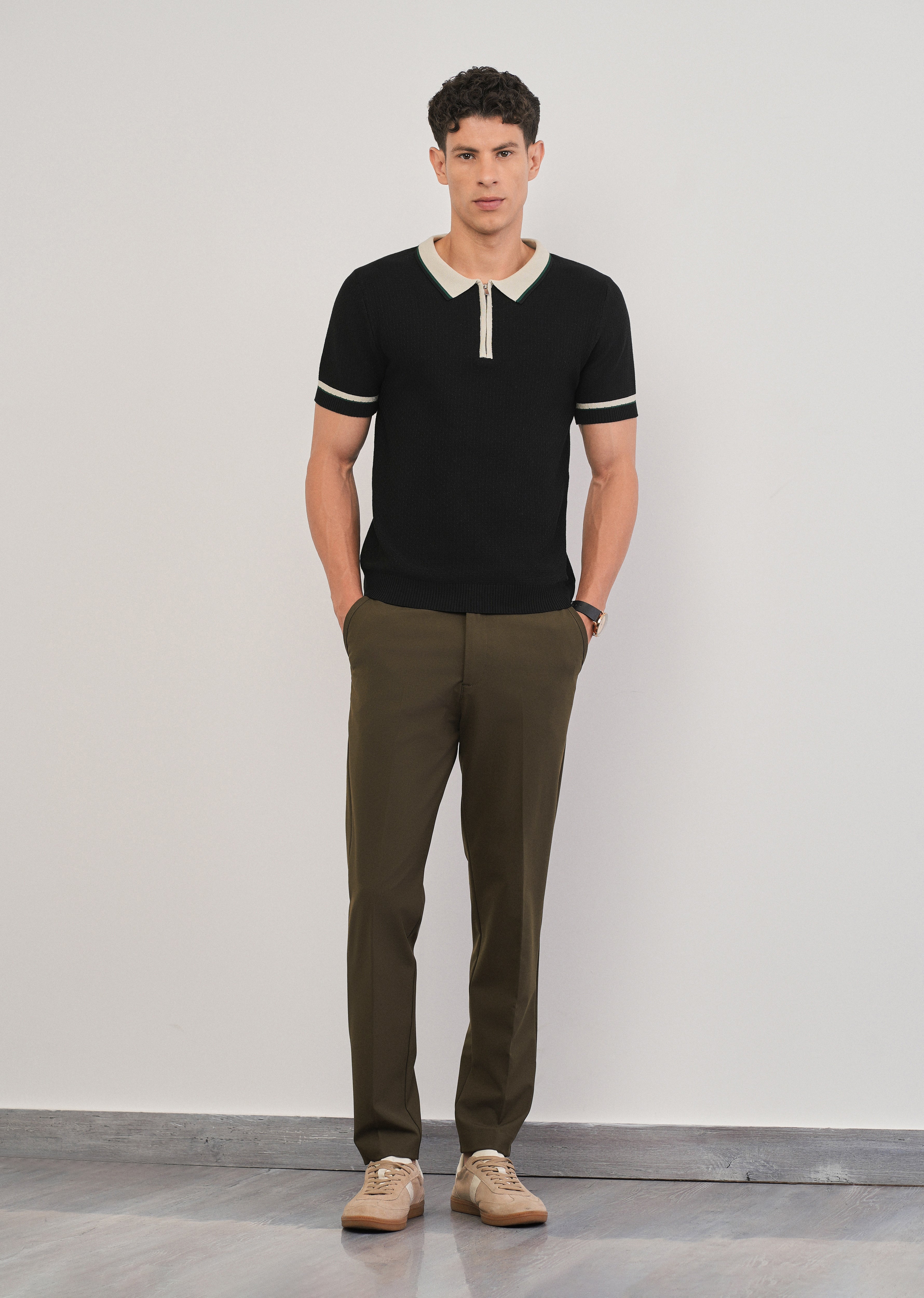 Olive Green Semi-Elastic Slim Fit Trouser