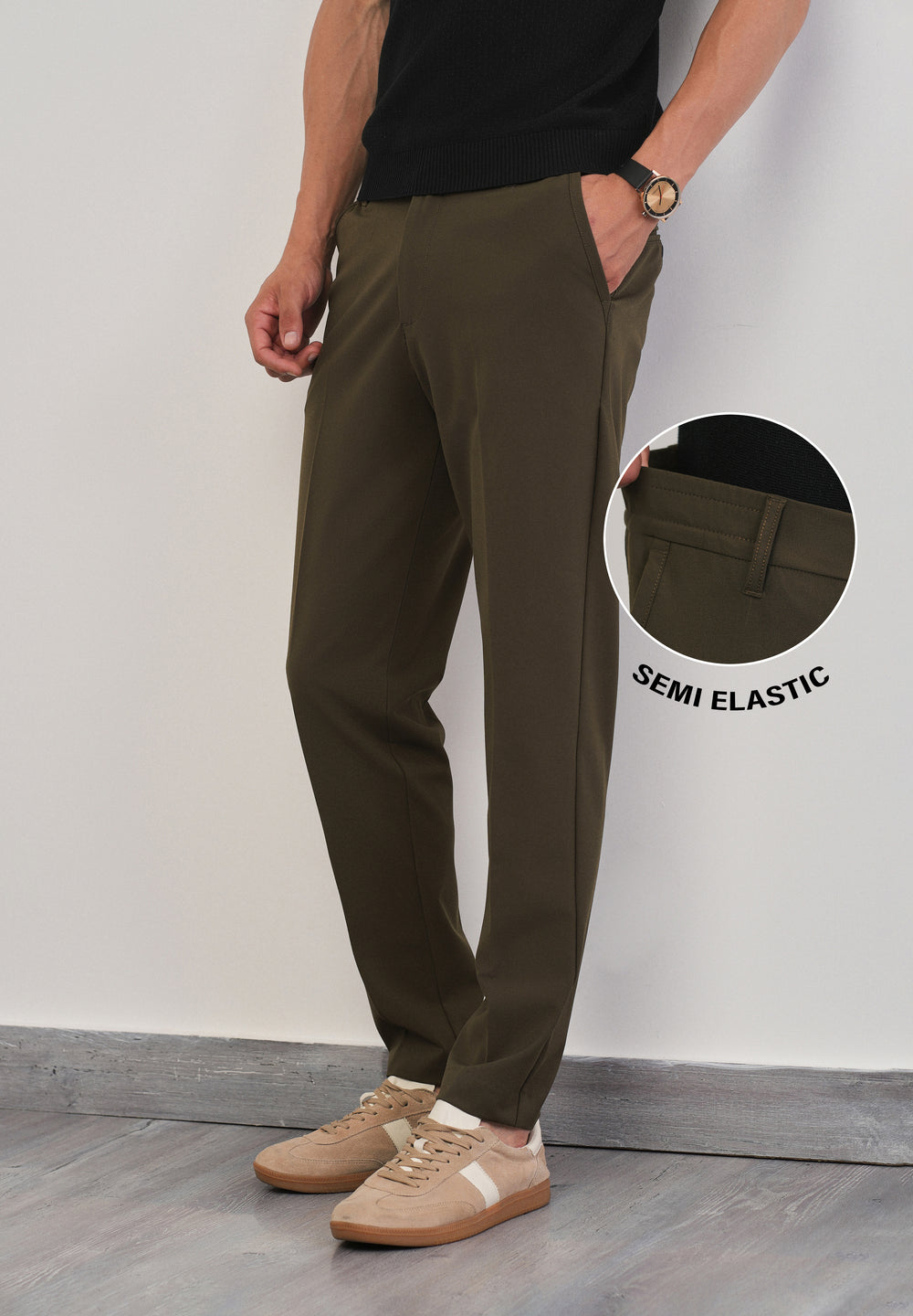 Olive Green Semi-Elastic Slim Fit Trouser