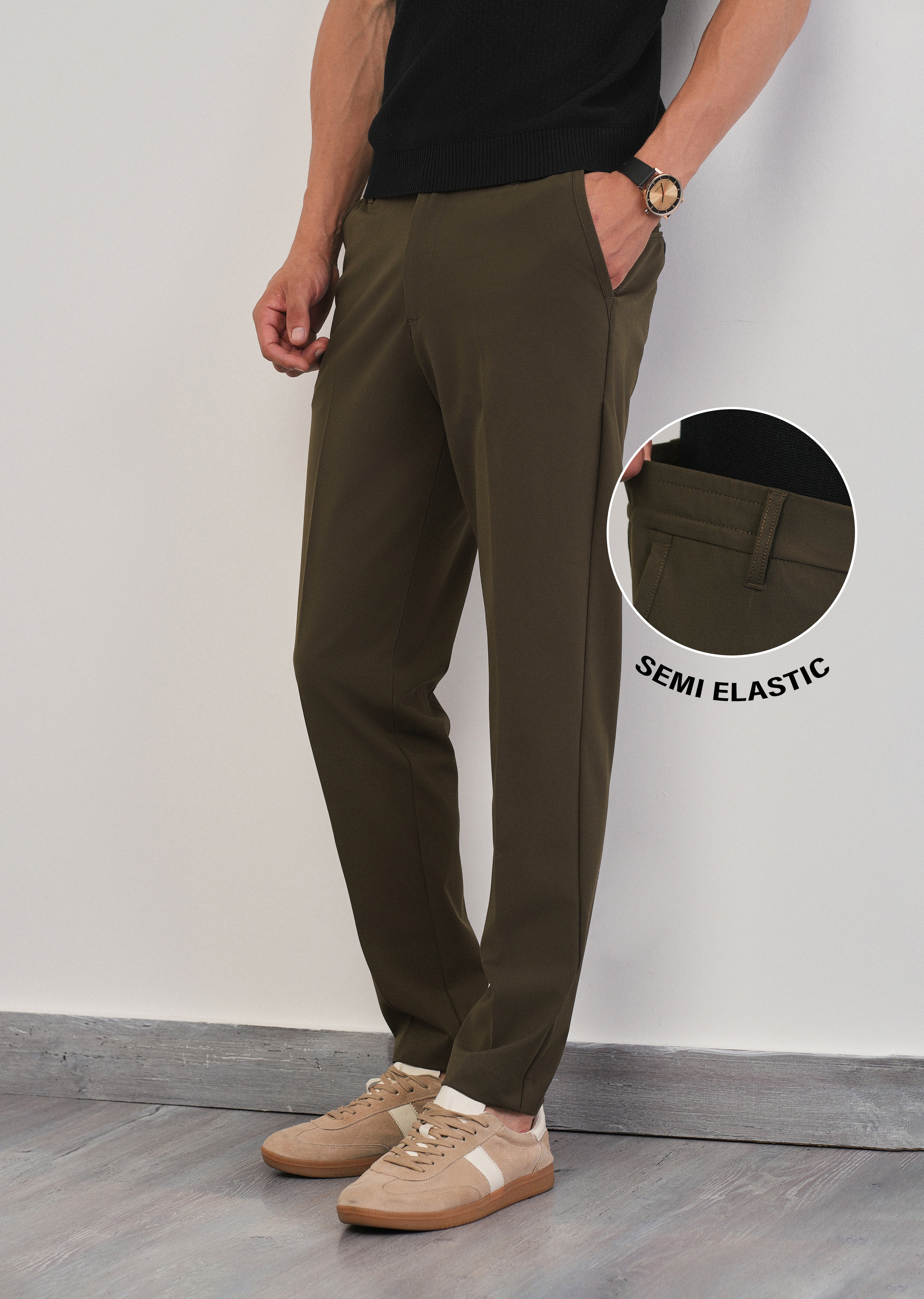 Olive Green Semi-Elastic Slim Fit Trouser