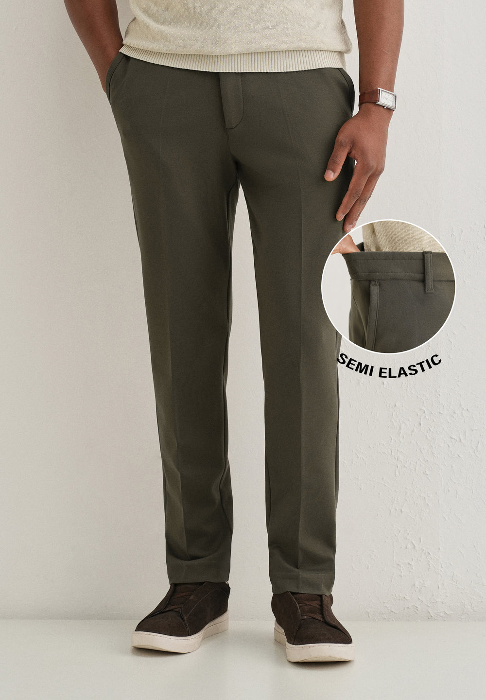 Olive Green Semi Elasticated Slim Fit Trouser