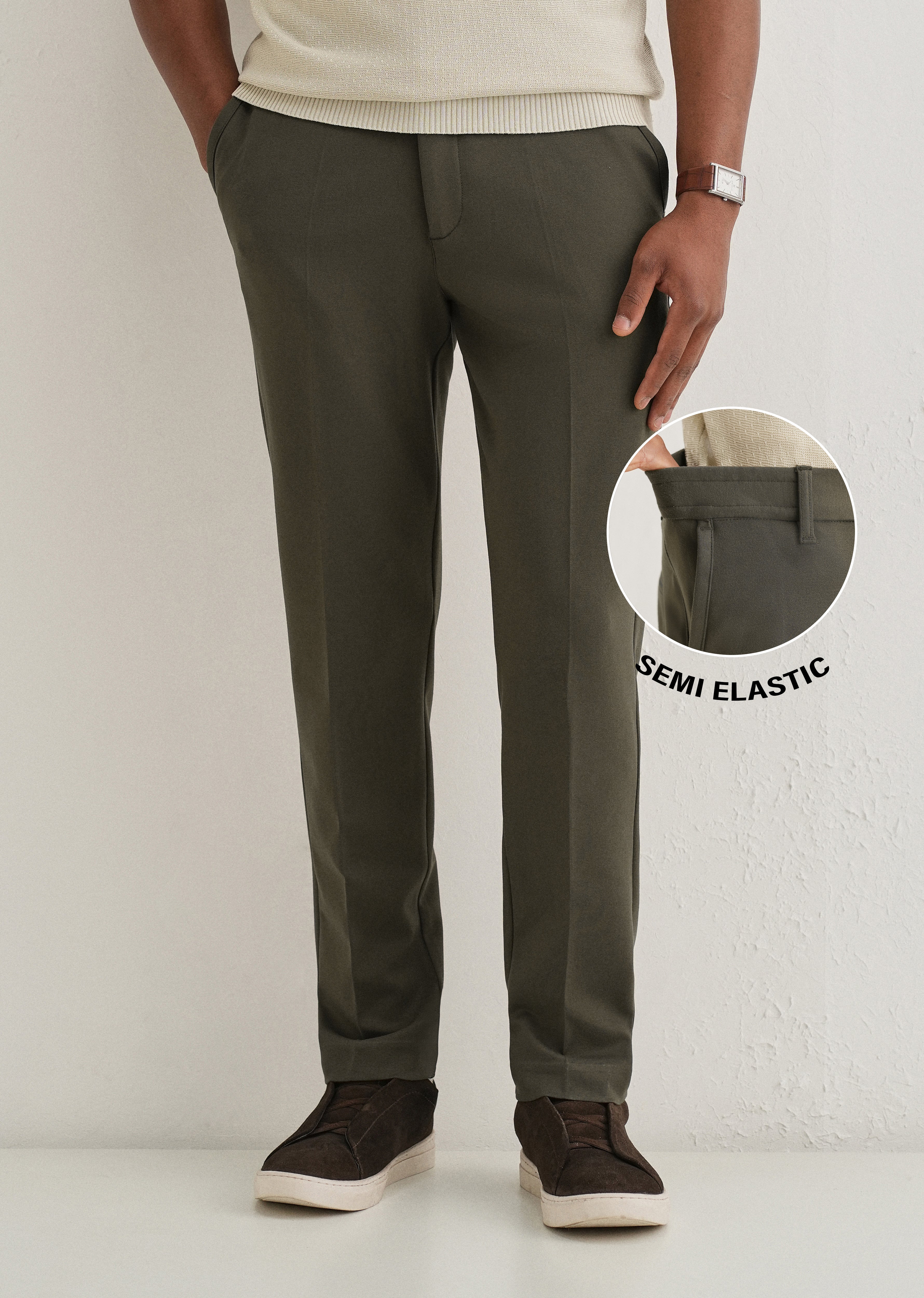 Olive Green Semi Elasticated Slim Fit Trouser
