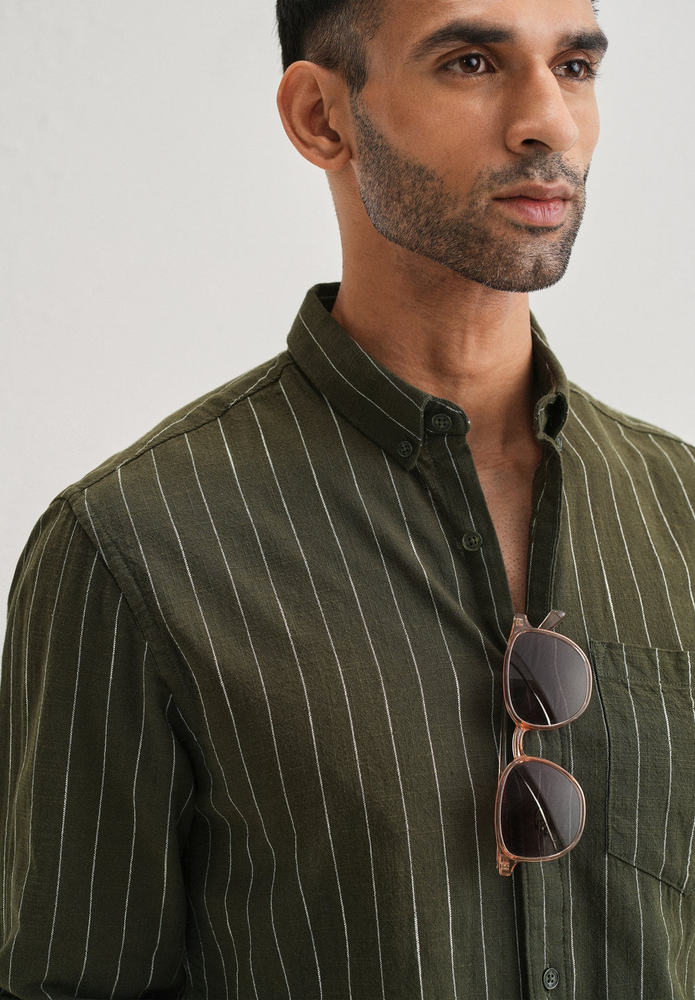 Olive Green Striped Cotton Linen Shirt
