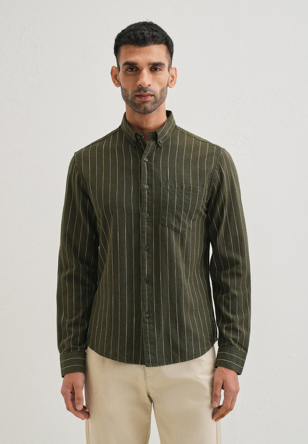 Olive Green Striped Cotton Linen Shirt
