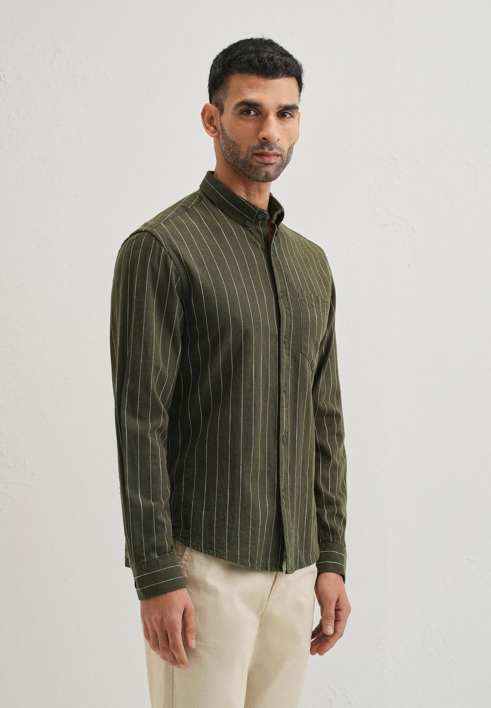 Olive Green Striped Cotton Linen Shirt