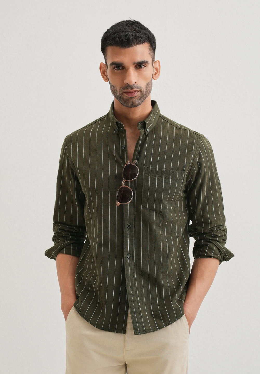 Olive Green Striped Cotton Linen Shirt