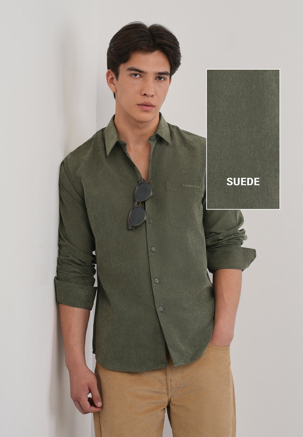 Olive Green Suede Plain Shirt