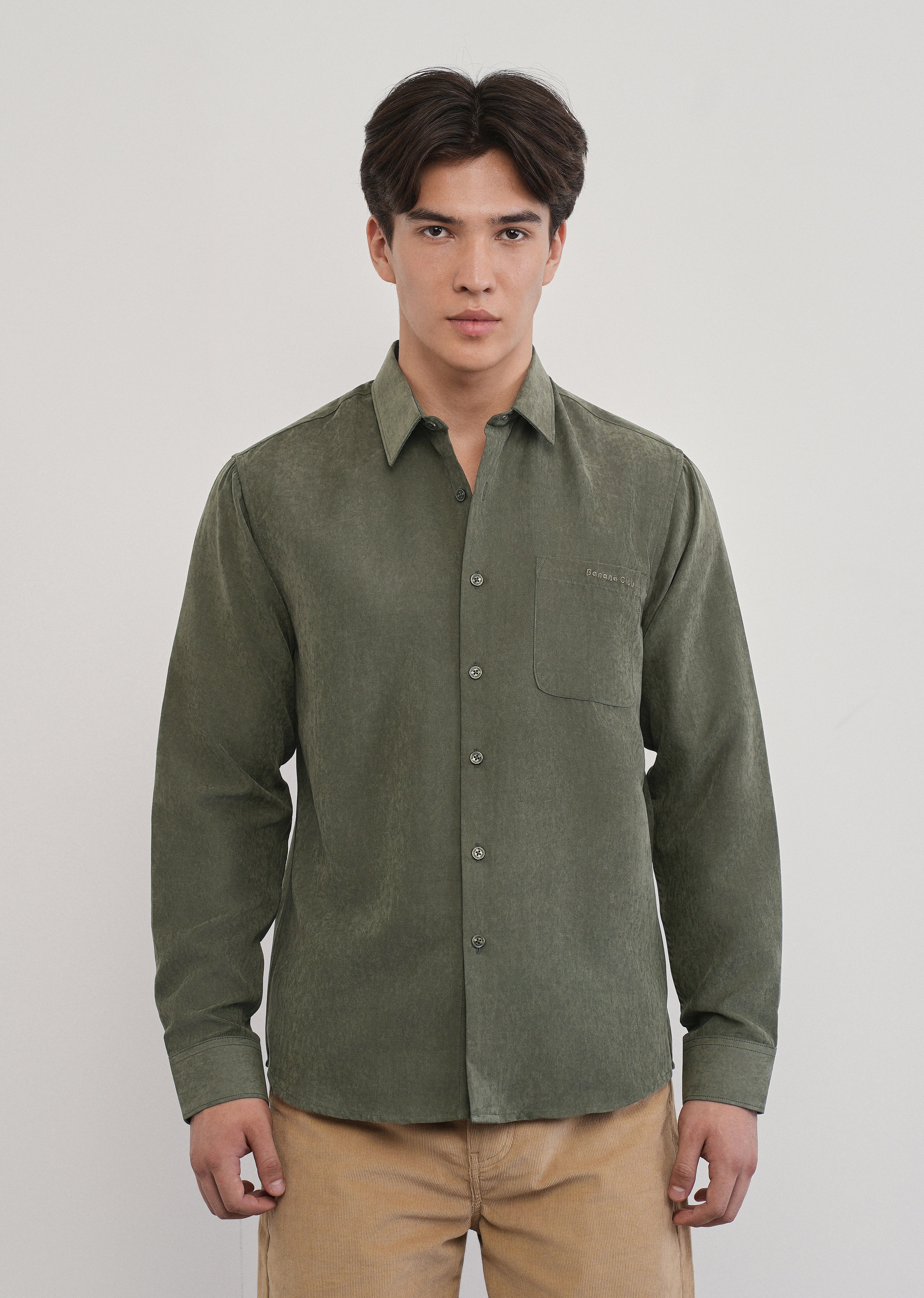 Olive Green Suede Plain Shirt