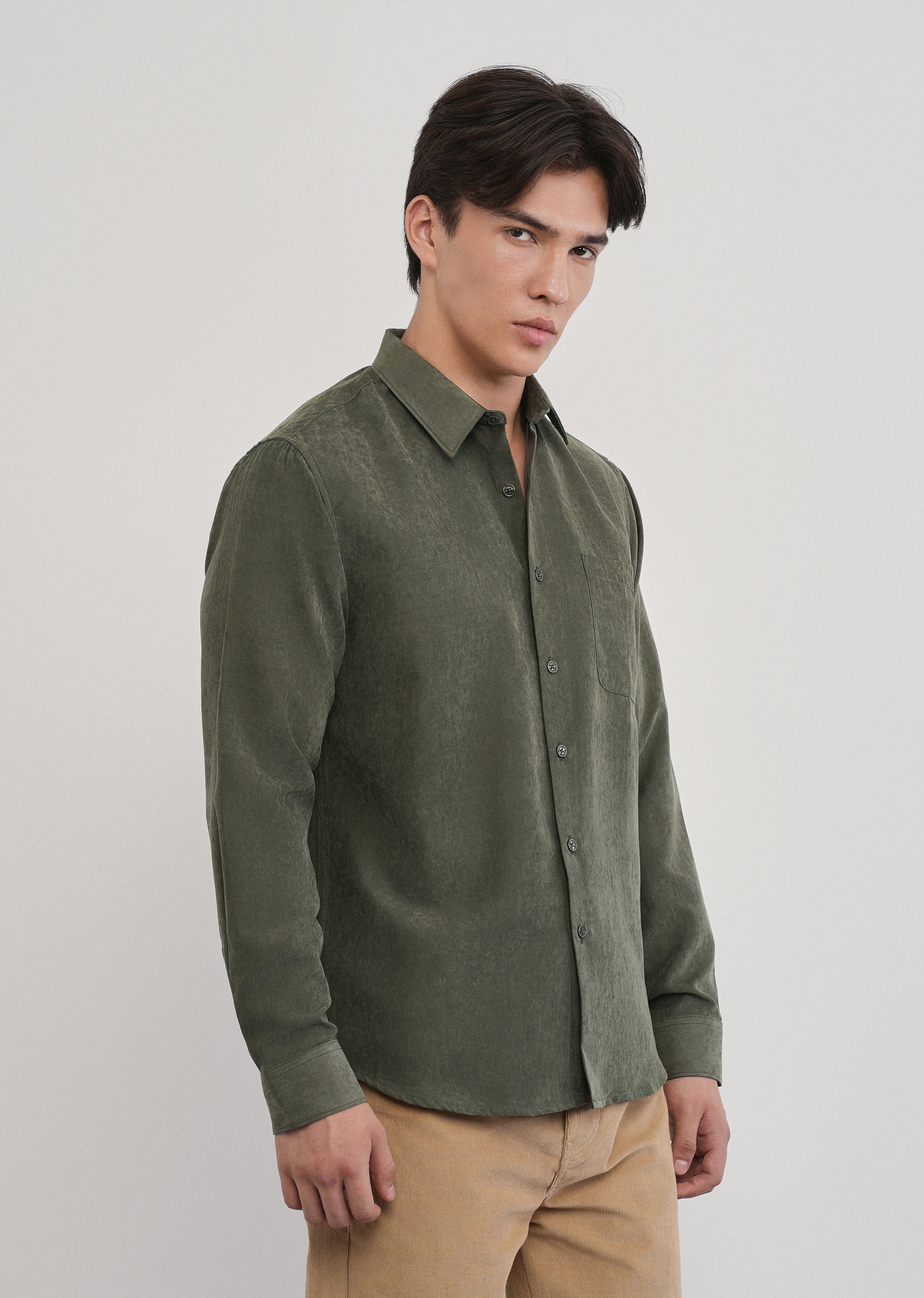 Olive Green Suede Plain Shirt