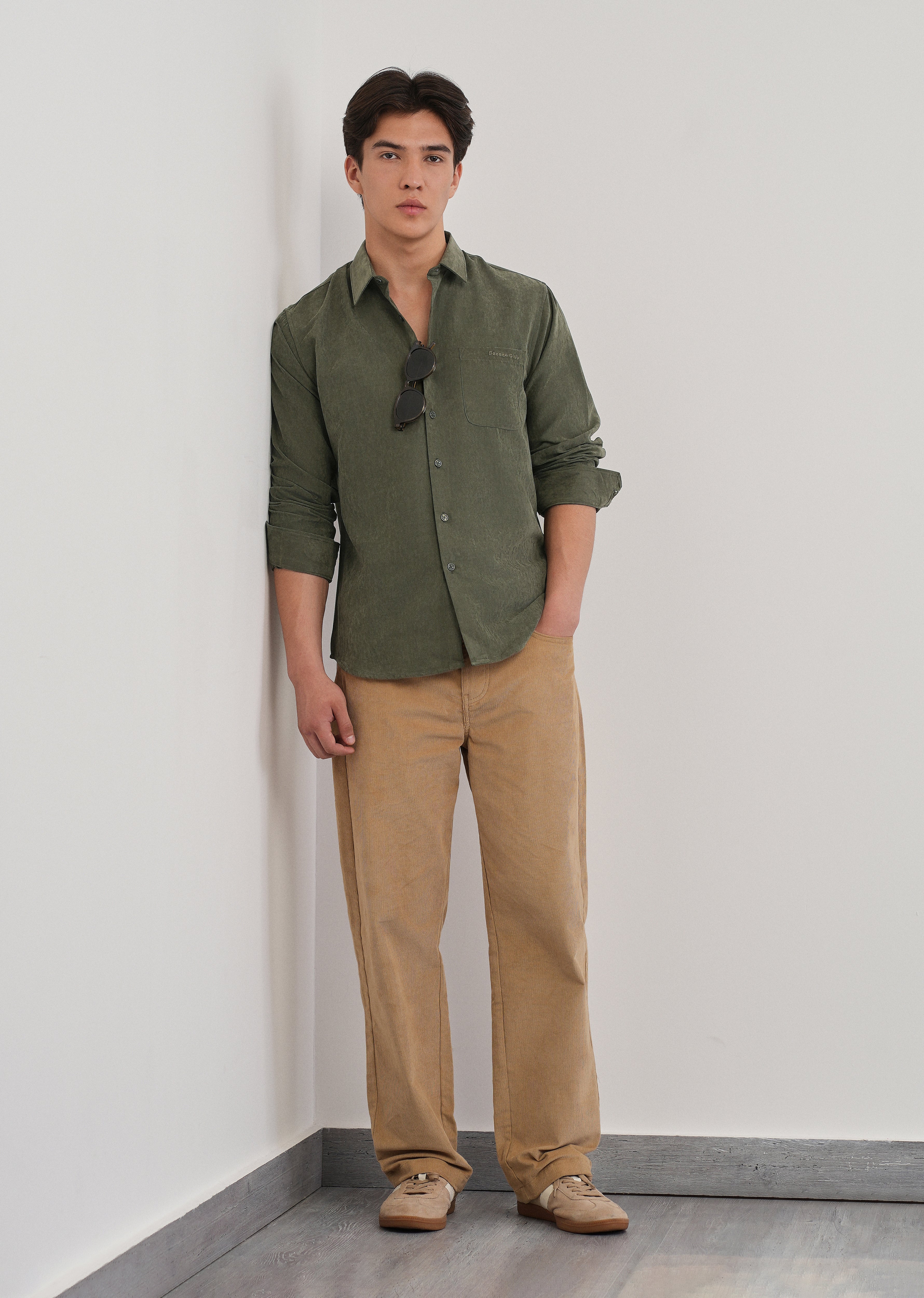 Olive Green Suede Plain Shirt