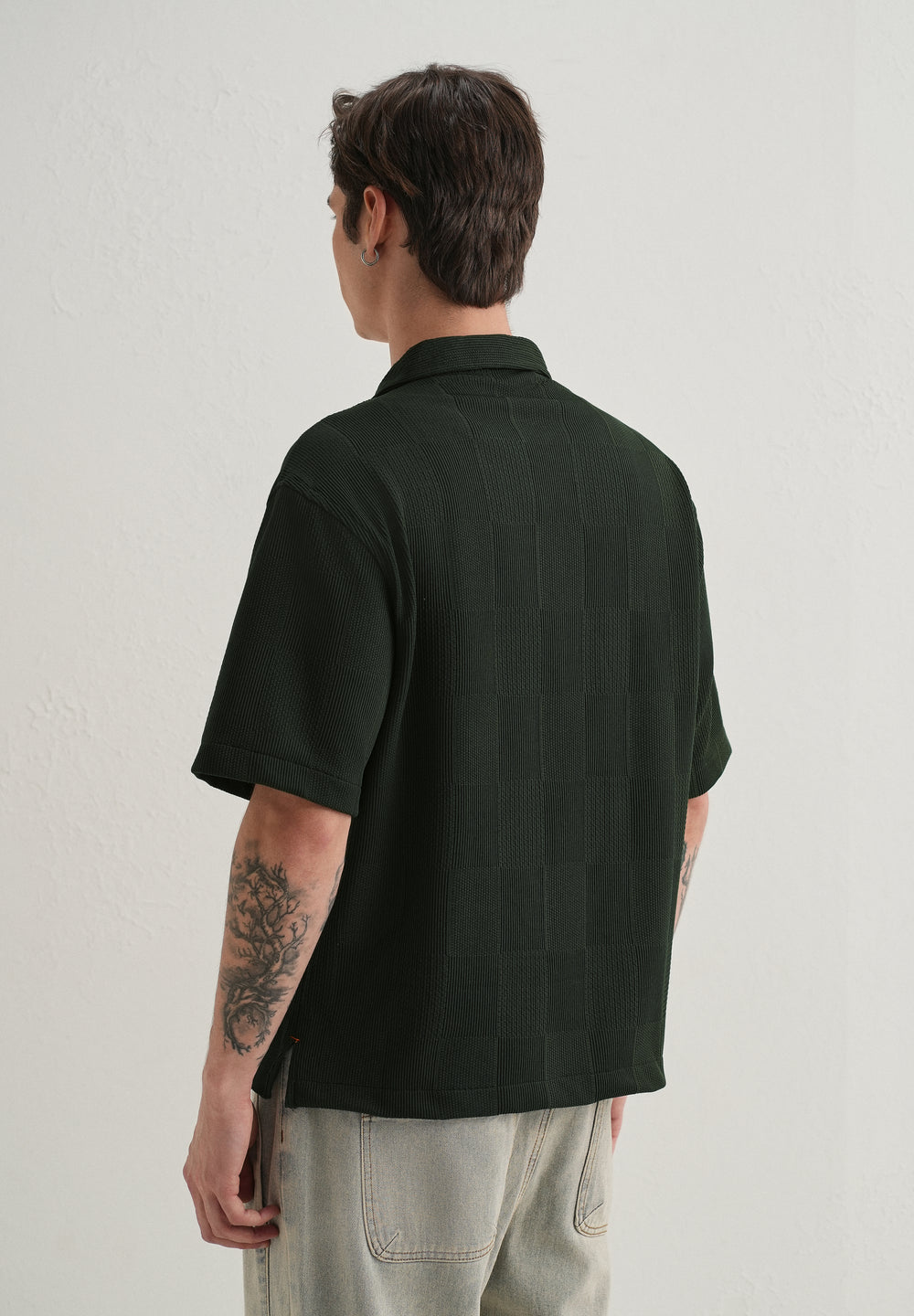 Olive Green Textured Check Knit Shirt