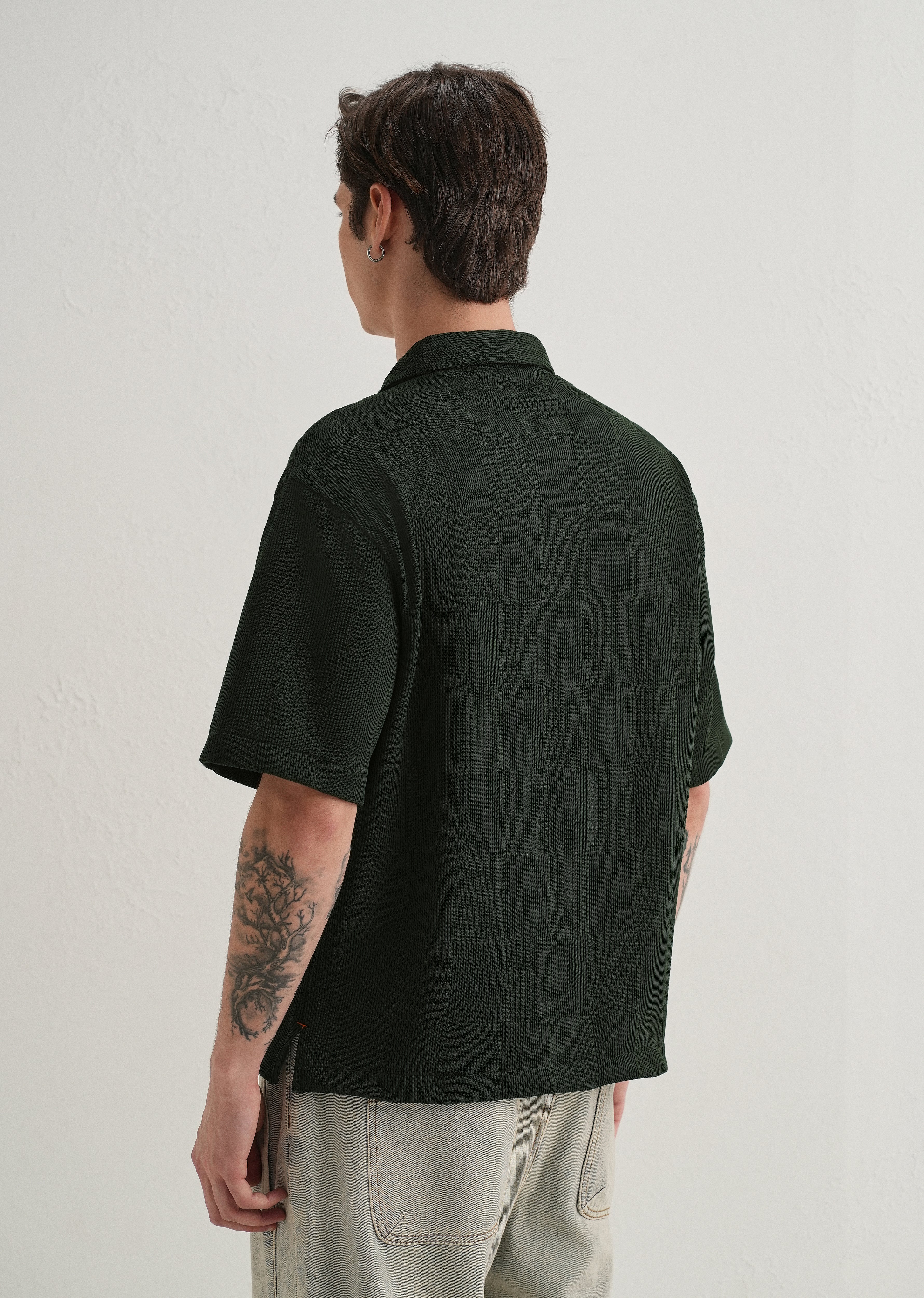 Olive Green Textured Check Knit Shirt