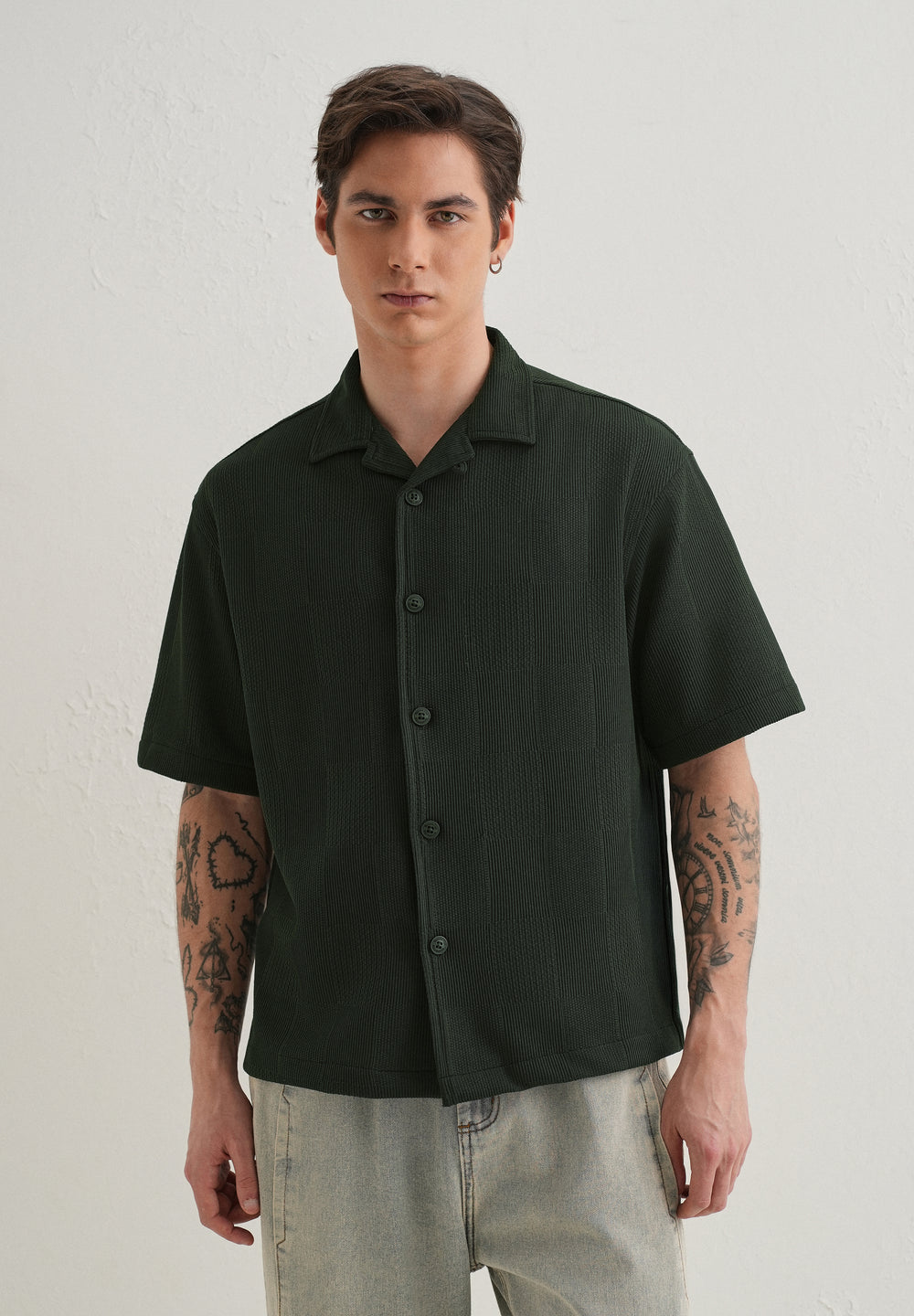 Olive Green Textured Check Knit Shirt