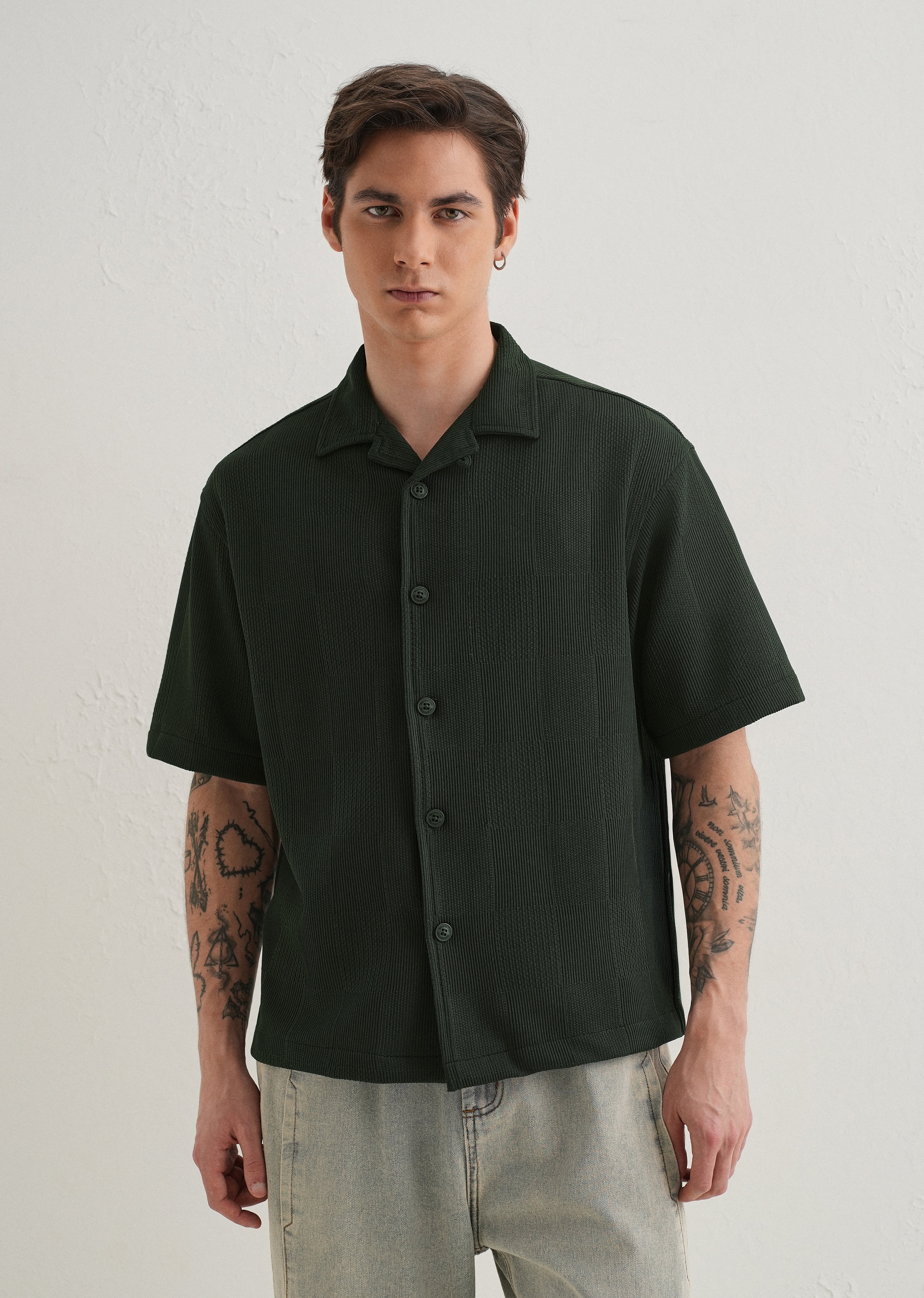 Olive Green Textured Check Knit Shirt